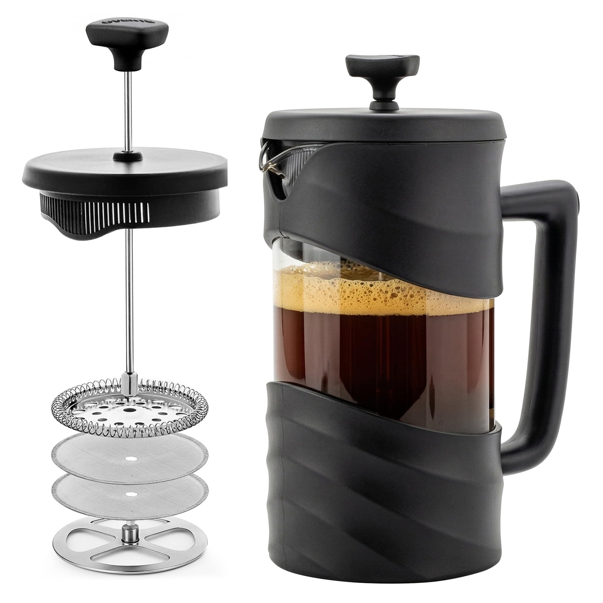 OVENTE French Press Coffee Maker 34 Ounce, Heat Resistant Borosilicate Glass with 4 Filter Stainless-Steel System, BPA-Free Portable Pitcher Perfect for Hot & Cold Brew, Black FPW34B