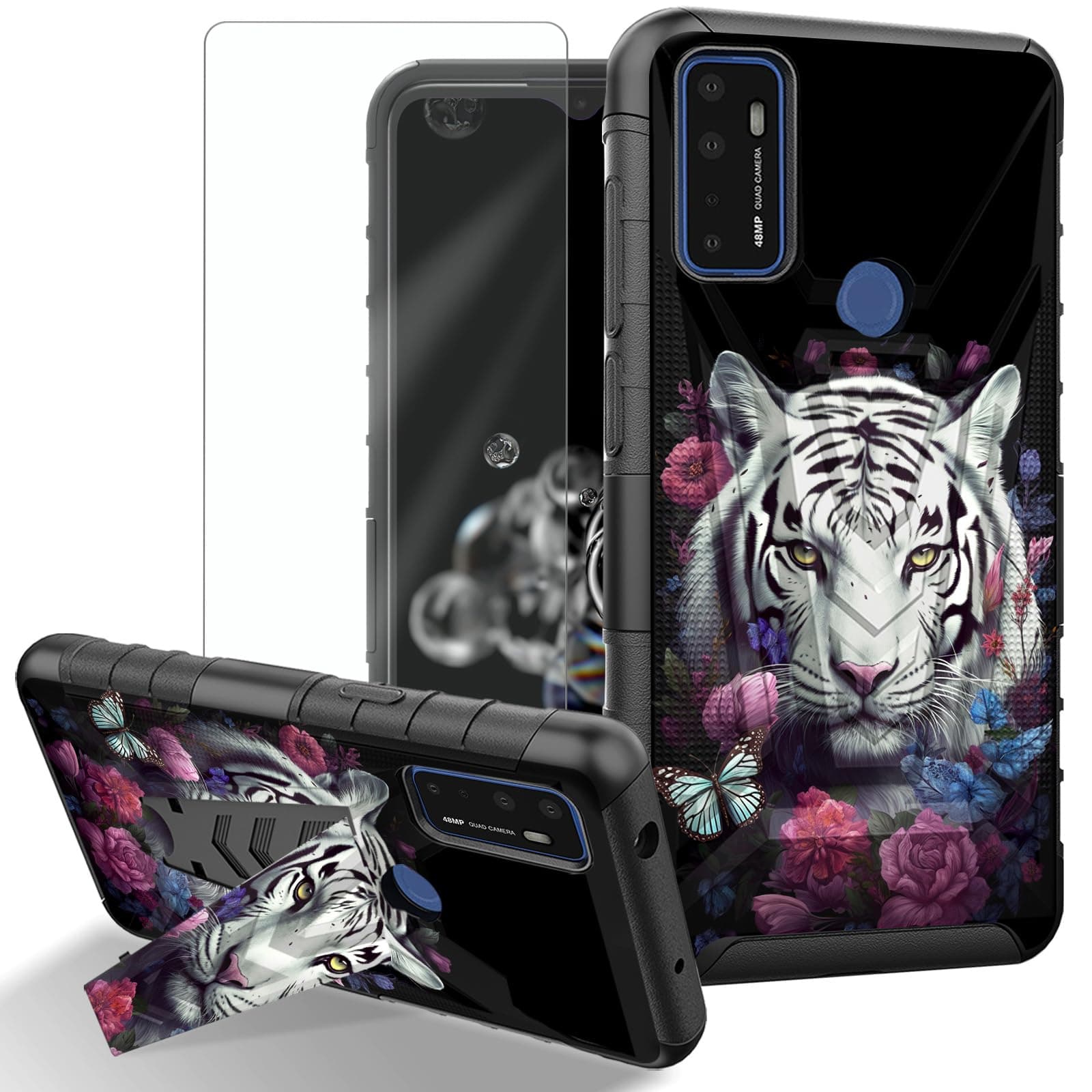 ACWDMKH for Cricket Dream 5G Phone Case,for AT&T Radiant Max 5G / AT&T Fusion Phone Case with Screen Protector&Kickstand Dual Layer Structure Protection Shockproof Cover,White Tiger Floral