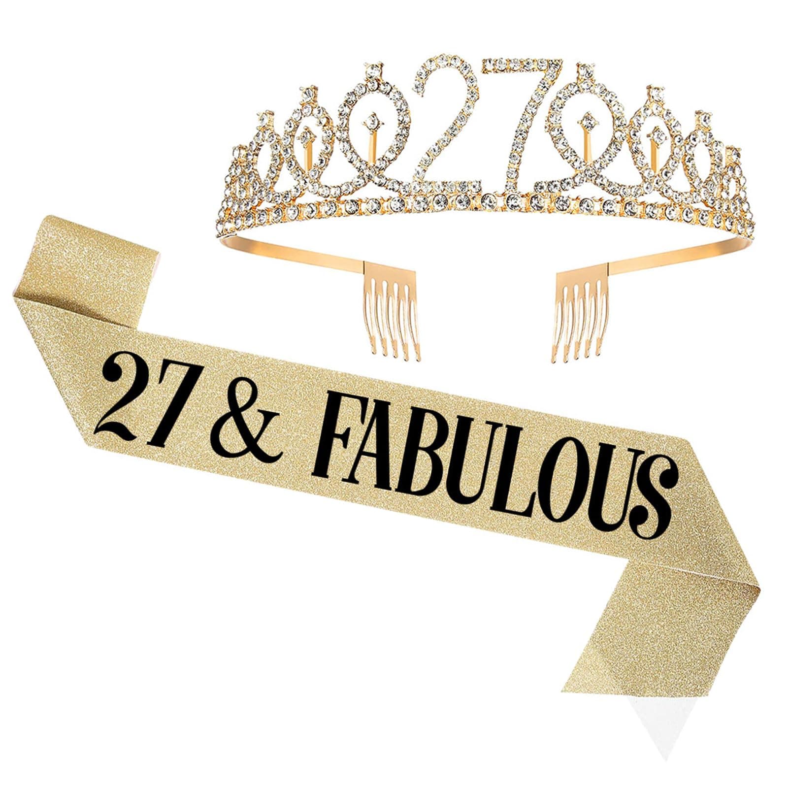 UVATAHONA 27th Birthday Sash and Tiara for Women, 27 & Fabulous Sash and Tiara Birthday Crown, Happy 27th Birthday Gifts for Queen Woman Party Favors Supplies and Decorations, Gold