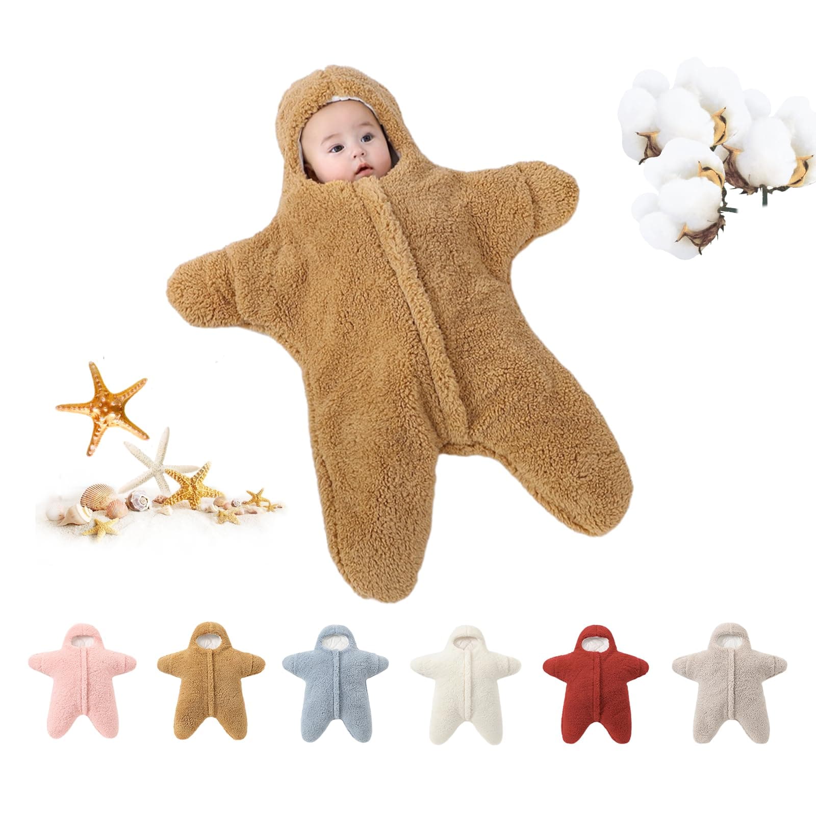 HEVOY Baby Starfish Onesie, Thick Imitation Fleece Starfish Newborn Romper, Infant Footie Jumpsuit Winter Warm Outfits(Khaki,6-12 Months)