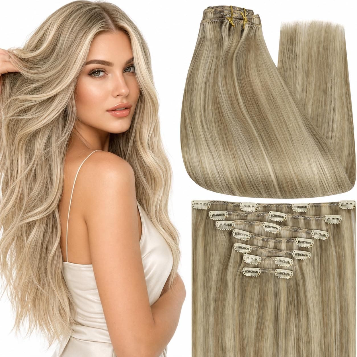 Full Shine Blonde Highlight Clip in Hair Extensions, Real Human Hair