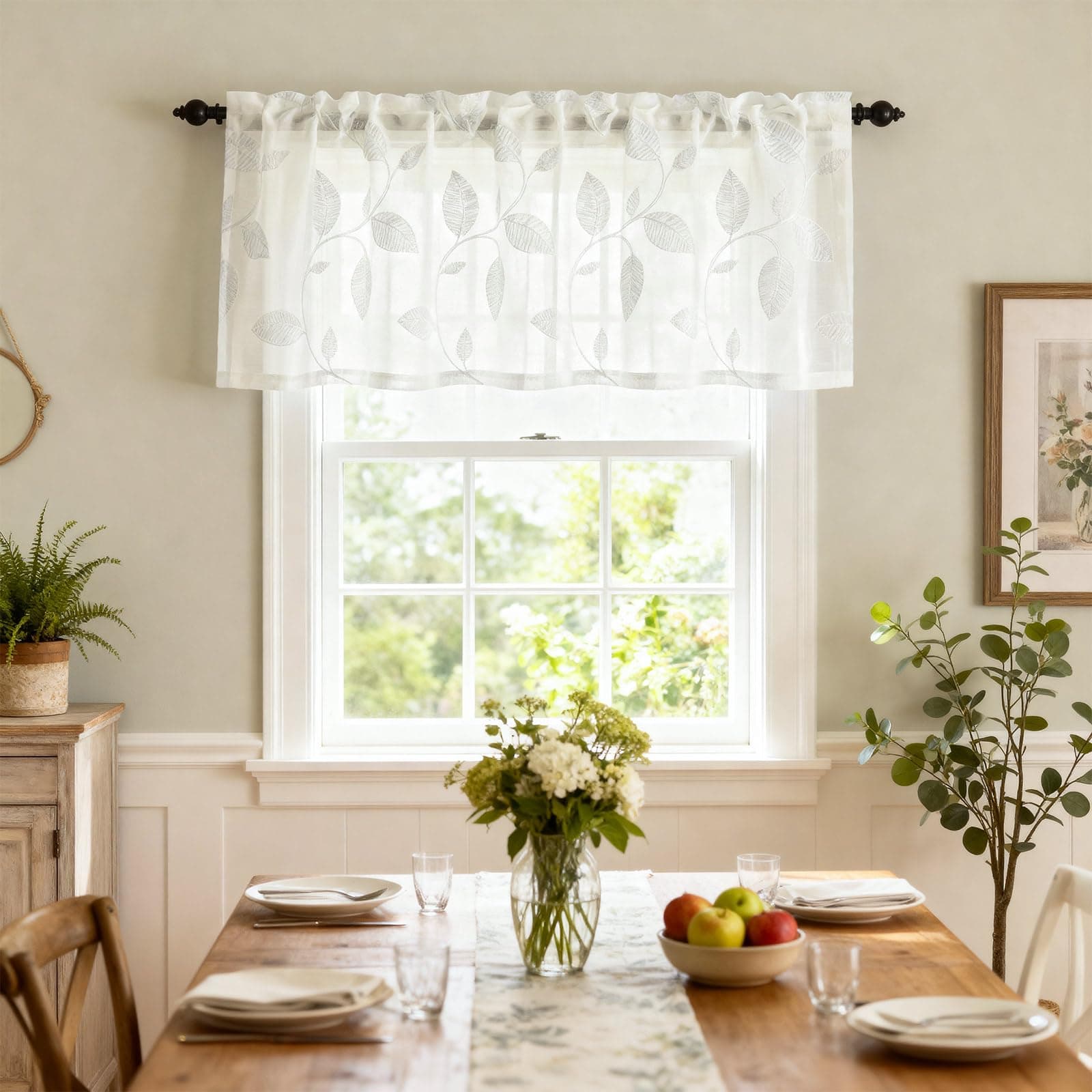 VOGOL White Sheer Valance Curtains, Elegant Leaf Vine Embroidered Lightweight Window Valance for Office, Small Rod Pocket Breathable Voile Curtain Panels for Kitchen Bathroom, 60Wx18L, 1 Piece
