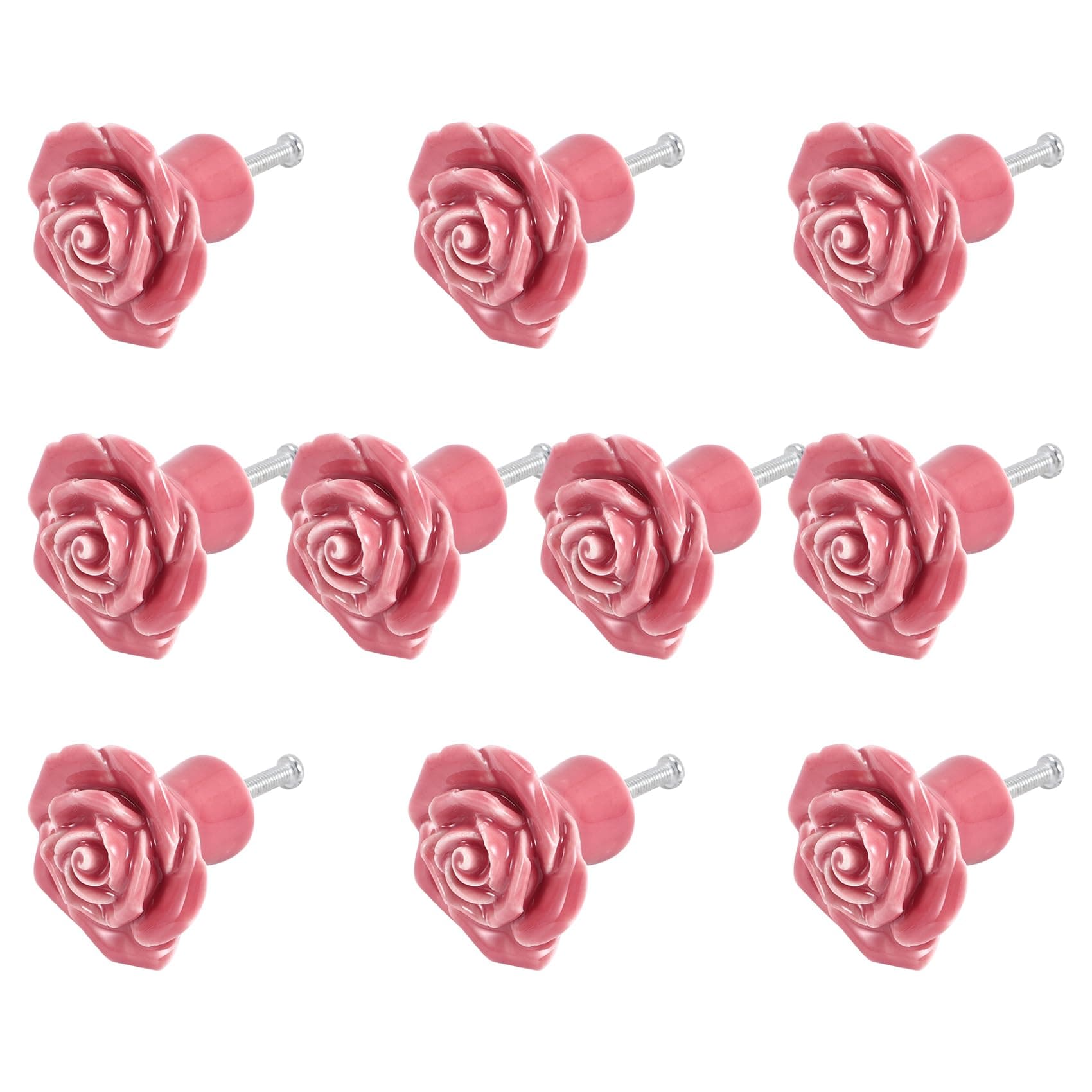 Uziurl 10 Pcs Ceramic Vintage Floral Rose Flower Door Knobs Handle Drawer Kitchen + Screws (Pink)