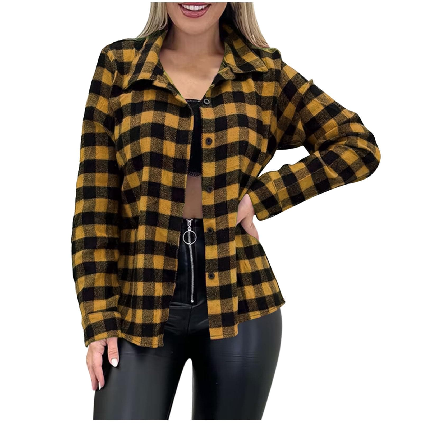 AEGJEGVD Women's Plaid Shirts,Lapel Button Down Long Sleeve Checkered Shirt with Pocket Flannel Blouses for Layering,Ladies Office Work Cozy Tartan Jackets,Fall Winter Casual Boyfriend Tops Size 8-16