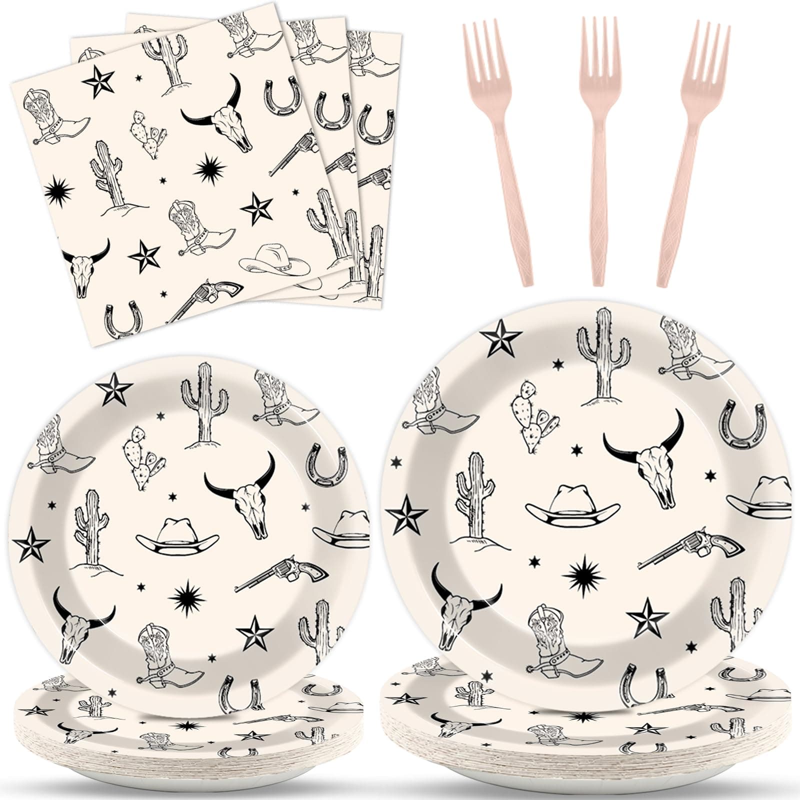 96PCS Western Cowboy Party Paper Plates and Napkins Set for Rodeo Party Cake Dessert Plates Disposable Decor Supplies Wild West Bachelorette Tableware for Kids Birthday Gatherings Decorations