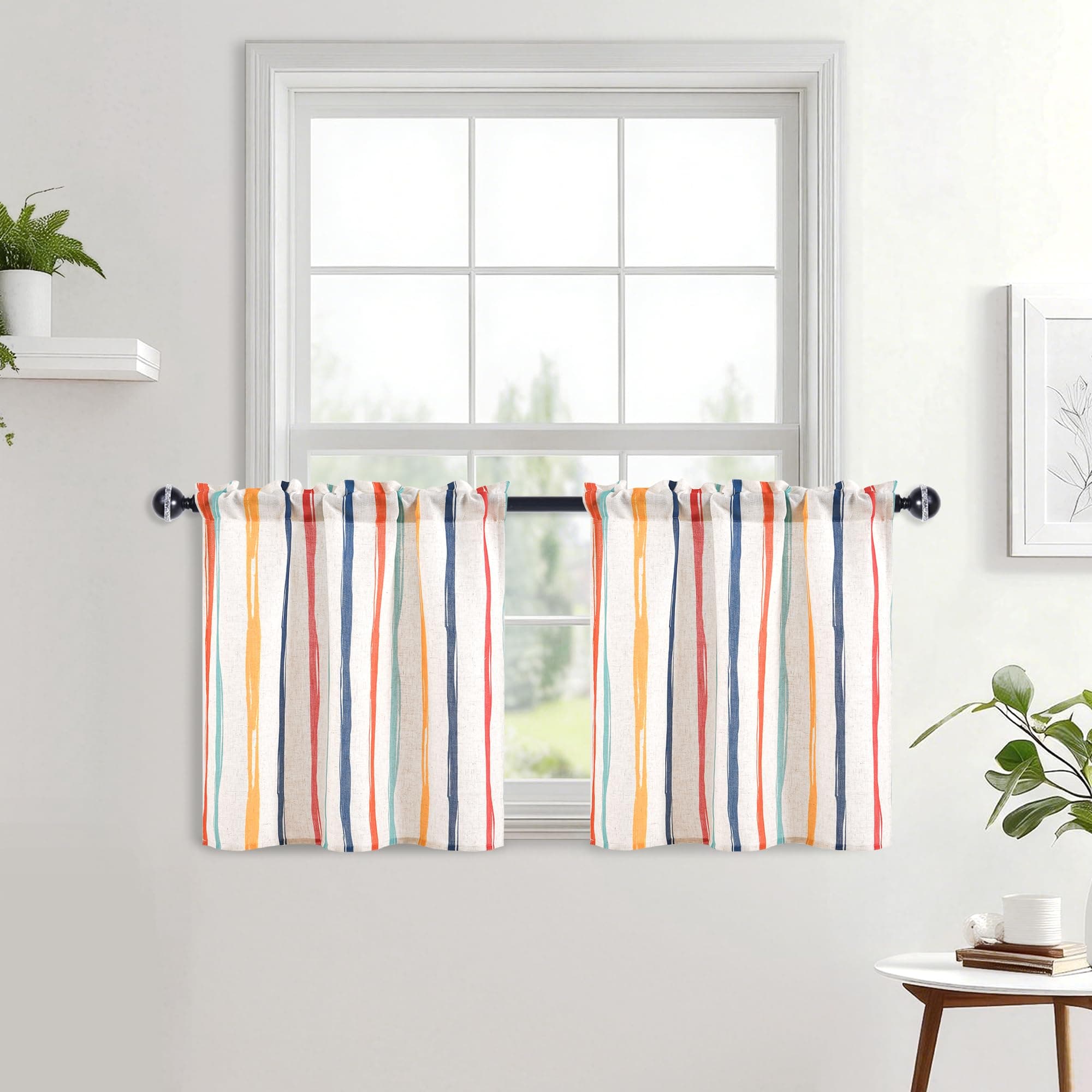 JIUZHEN Farmhouse Striped Linen Kitchen Curtains 2 Panels - Short Tier Drapes 24 Inch Length, Rod Pocket Rustic Window Treatment for Bathroom Living Room, Colorful Vertical Stripes