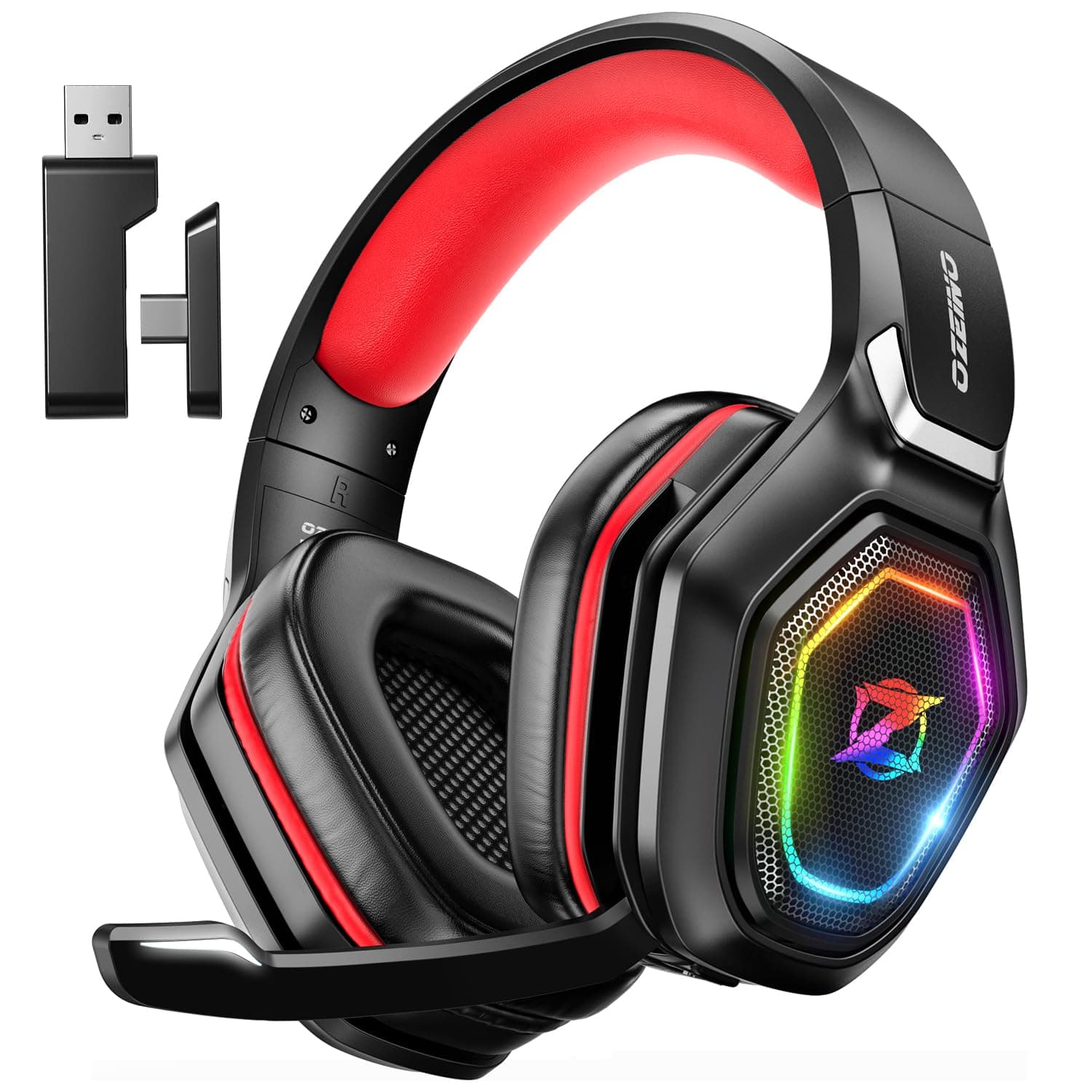 Ozeino Wireless Gaming Headset for PC, Ps5, Ps4 -USB & Type-C Ultra Stable Bluetooth 5.3 Low Latency Gaming Headphones with Flip Microphone, Gamer Headset for Switch, Laptop, Mobile, Mac(Black-Red)