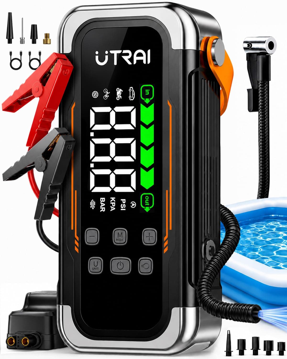 UTRAI ジャンプスターター 5000A 電動空気入れ・吸引機能付き 12V車対応 バッテリー上がり対策 30W急速充電 モバイルバッテリー LEDライト PSE認証済み