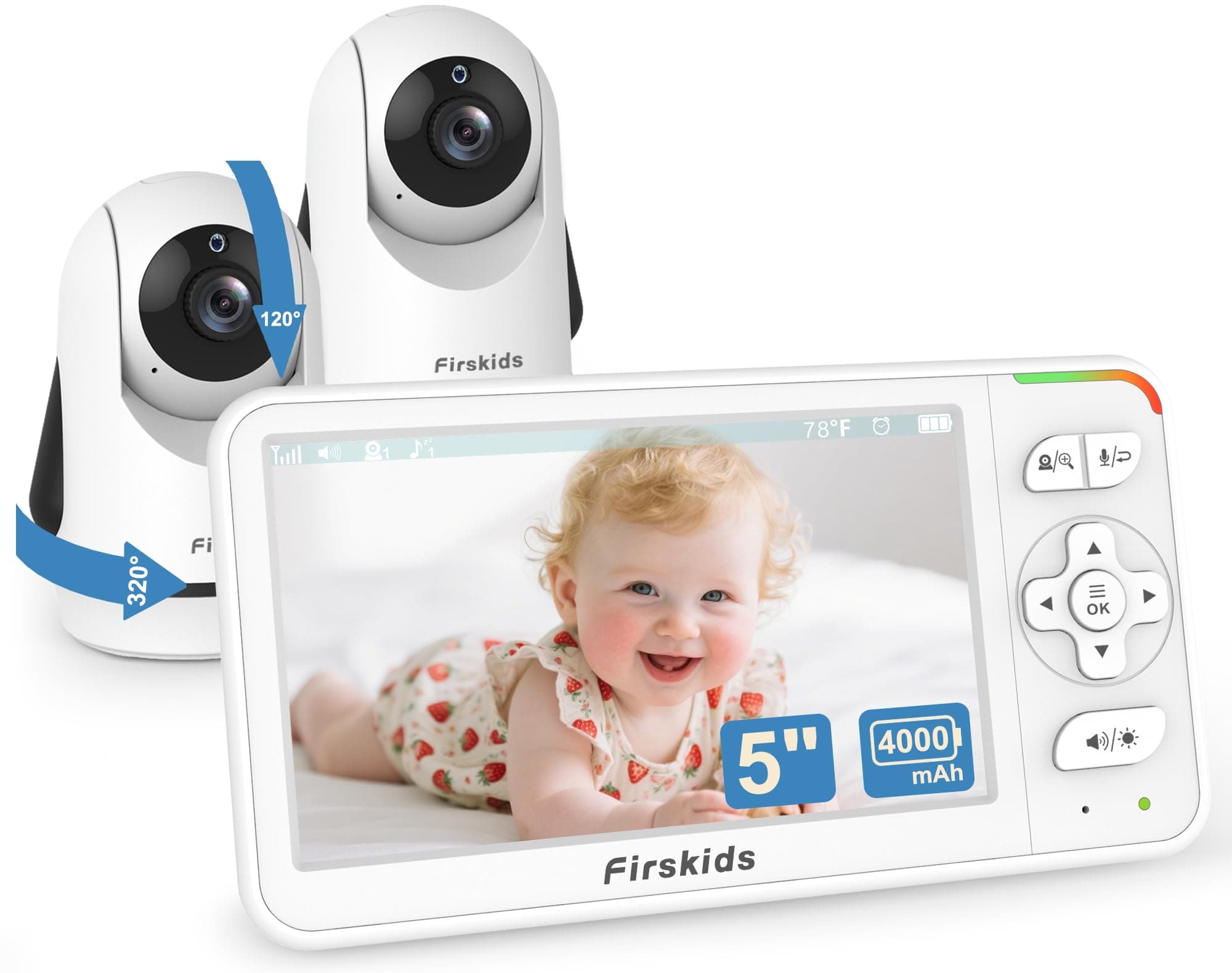 Firskids 5" Baby Monitor with 2 Cameras No Wi-Fi 1000ft Range 32H Battery