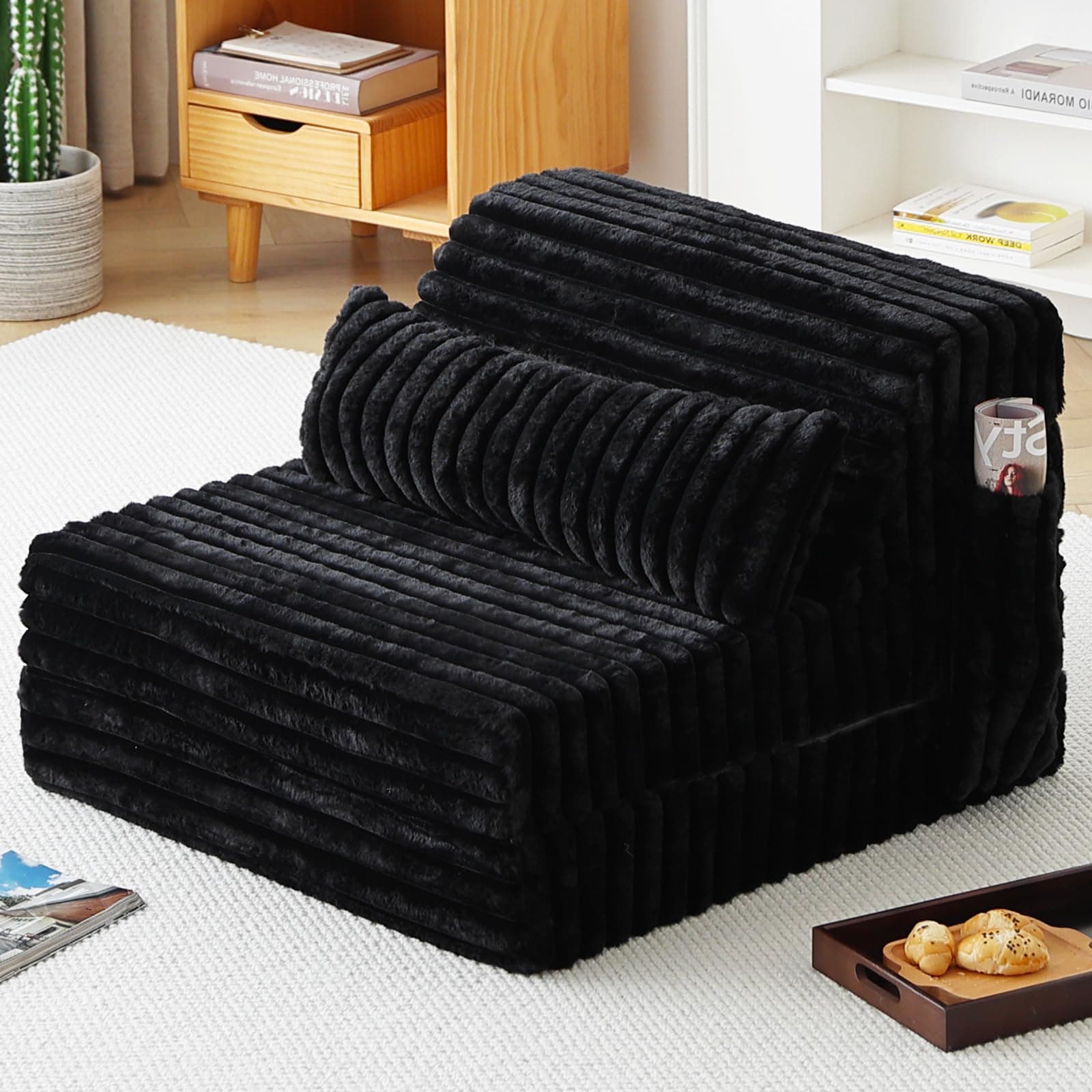 Tiita Folding Sofa Bed Convertible Sleeper Chair with Pillow & Side Pocket, Thick Corduroy Floor Lounger Couch Bed, Single Size, Black