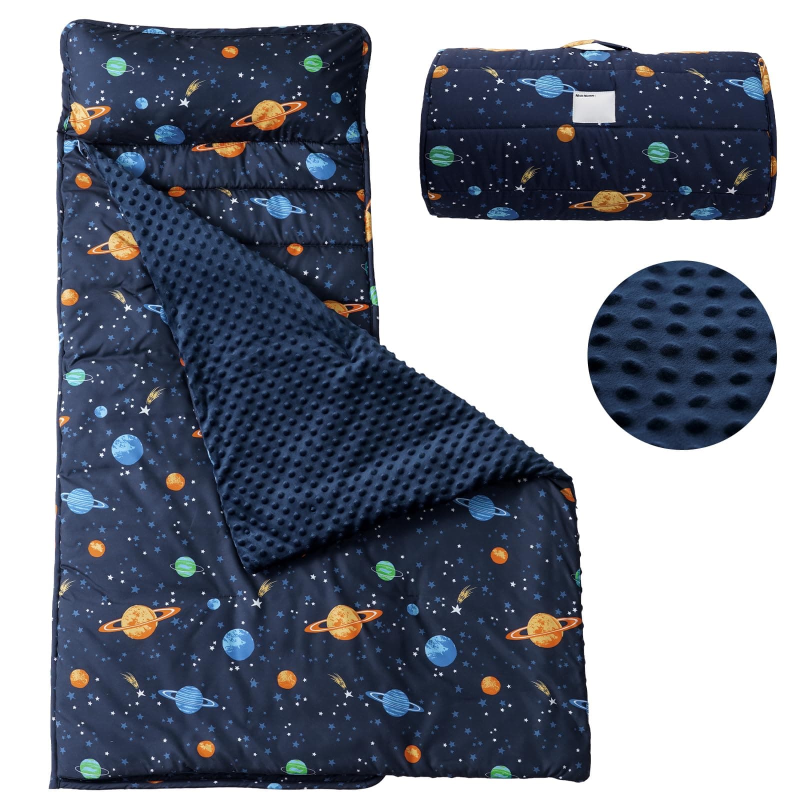 PHF Toddler Nap Mat with Removable Pillow and Minky Blanket, Rollup Design Kids Sleeping Mat, Slumber Bags for Boys, 55"x23" Toddler Sleeping Bag for Daycare Preschool Travel Camping, Space