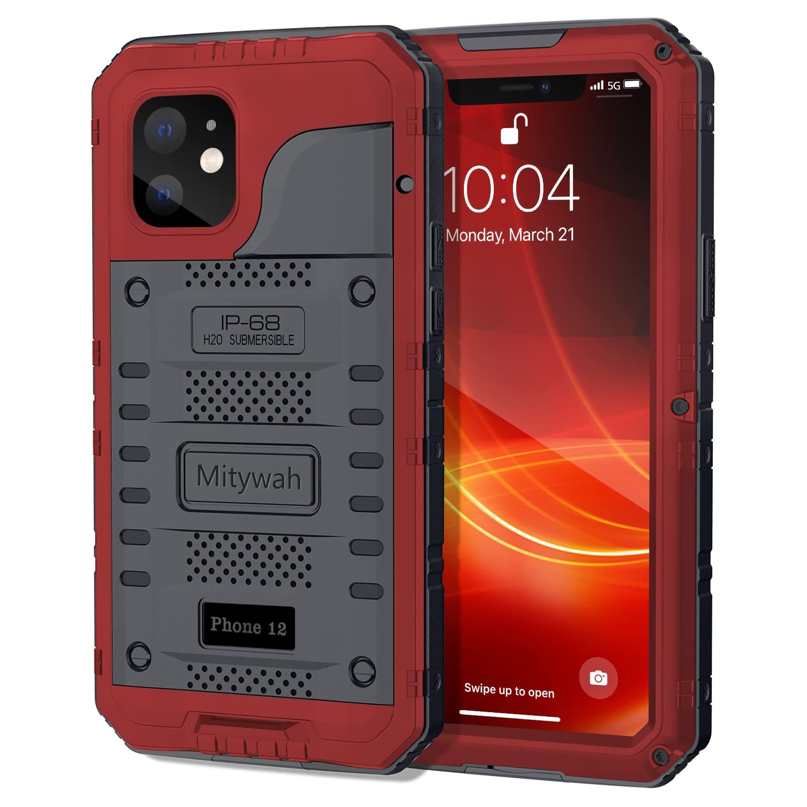 Mitywah Waterproof Case for iPhone 12, Heavy Duty Shockproof Case with Built-in Screen Protector, Full Body Underwater Protective Metal Case 6.1 inch, Red