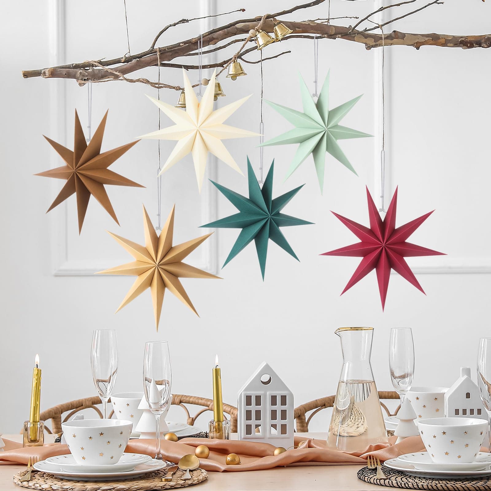 ReliThick 6 Pcs Star Paper Lanterns 12 Inch Christmas Hanging Lamp Christmas Ornaments Vintage Farmhouse Paper Decorations Xmas Party Decorations (Morandi Colors,7 Pointed)