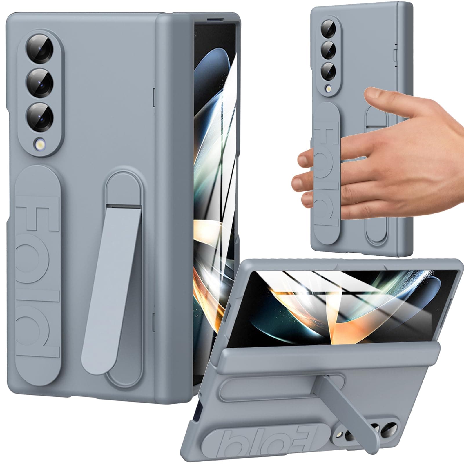 YQODSZ for Samsung Galaxy Z Fold 3 Case with Wrist Strap, All-Inclusive Fold3 Grip Cover Wristband Case with Kickstand Integrated Hinge Protection Screen Protector Protective Cover for Z Fold 3 Grey