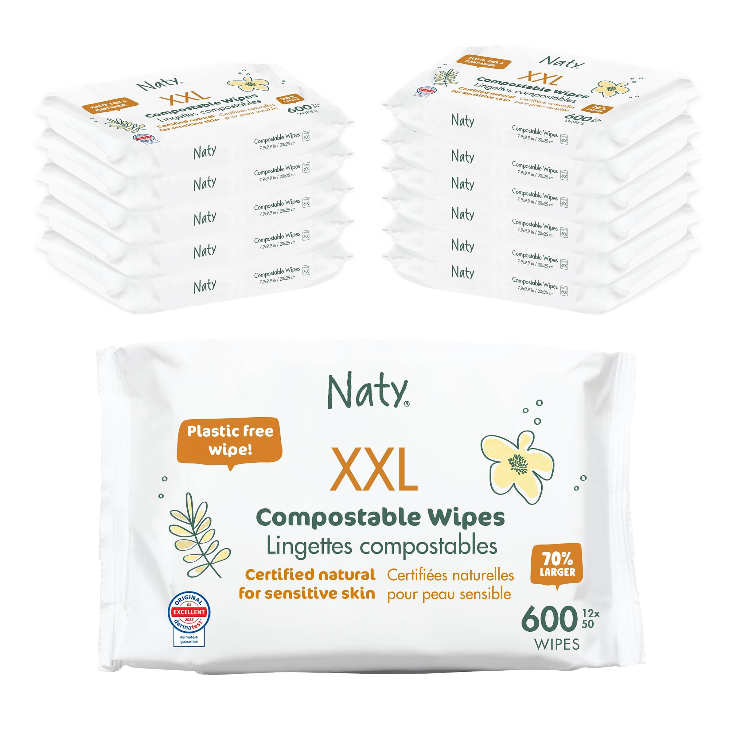 Naty Baby Wipes XXL for Sensitive Skin & 98% Water, 600 Count (12 Packs)