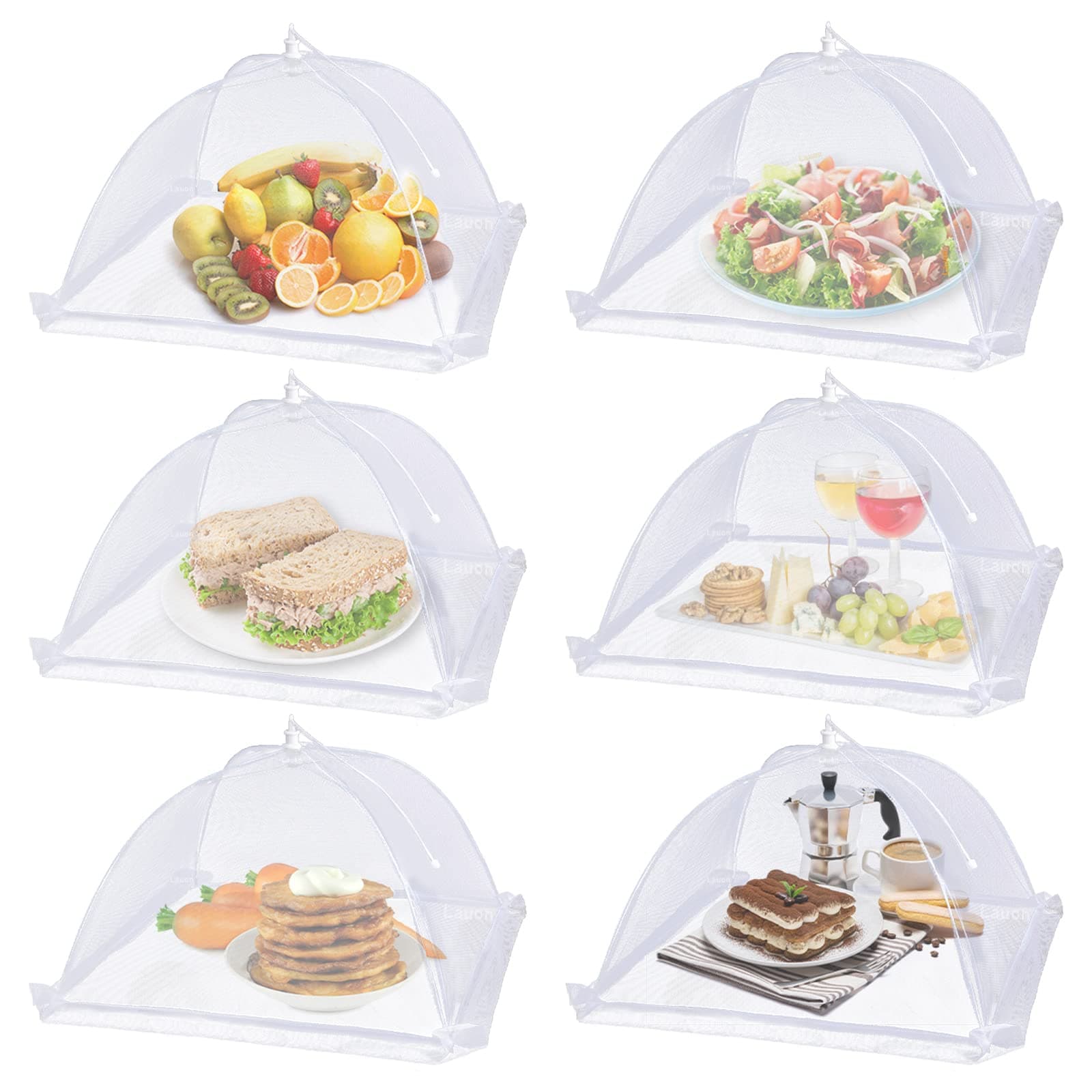 Lauon Food Covers, 17 inch x17 inch , 6 Pack White Mesh Plate Serving Tents, Pop-Up Umbrella Screen Tents, Patio Bug Net for Outdoor Camping, Picnics, Parties, BBQ, Collapsible and Reusable