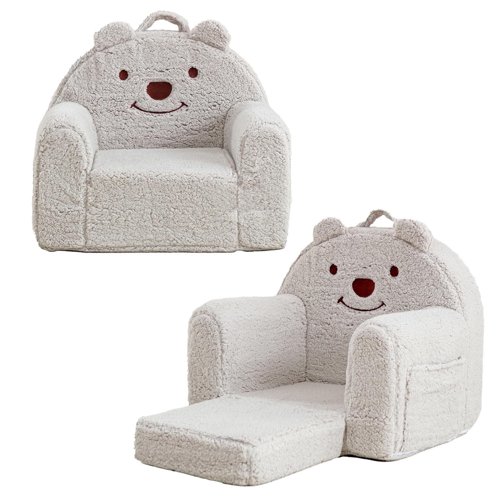 Kisdsa Toddler Chair,Sherpa Bear Toddler Couch Fold Out,Children Reading Chair,Flip Out Kids Couch,Kids Sofa Convertible for Age 1-3(Grey Bear)