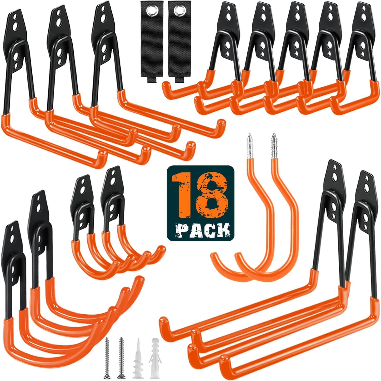 Garage Hooks Heavy Duty Utility Steel with Anti-Slip Coating Wall Mount Storage Organizer for Hanging Power and Garden Tools, Ladders, Hose, Bikes, Ropes, Bulk Items, and More (18 Pack Orange)
