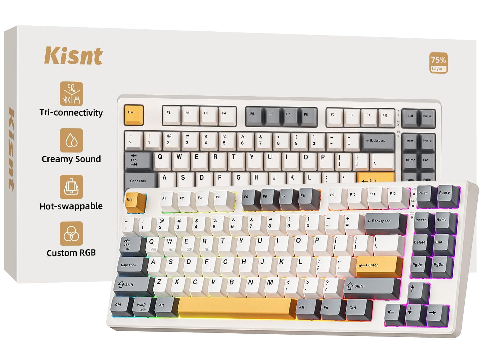 Kisnt KN85 Wireless Mechanical Keyboard, 75% Layout, Bluetooth/2.4GHz/USB-C, Custom RGB Backlit, Hot-Swappable Linear Switch, Creamy Sound for Gaming/Typing (Retro Beige)
