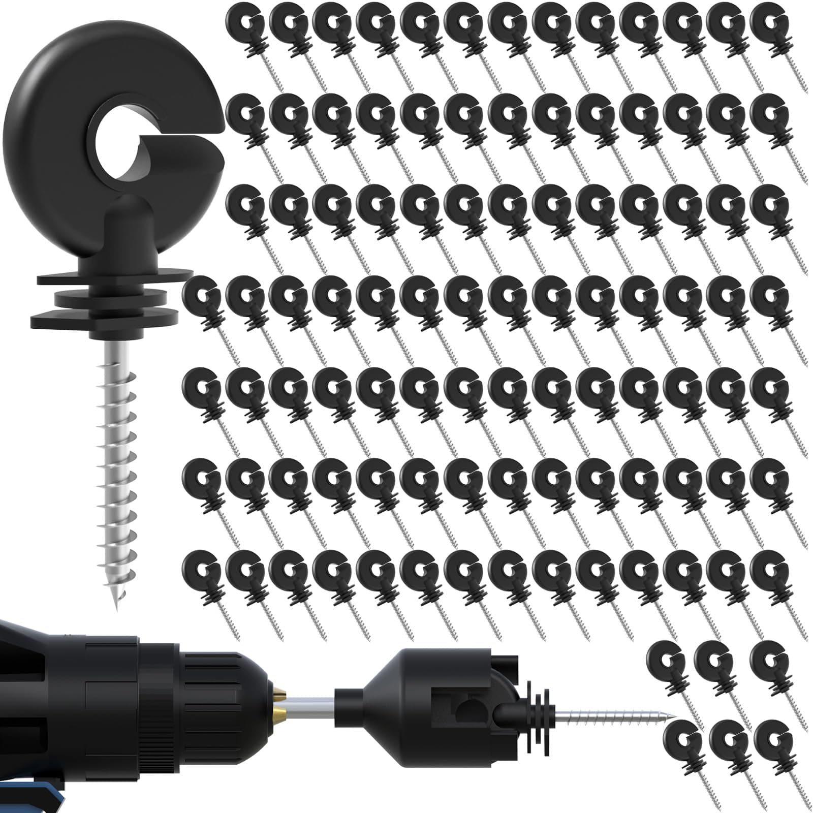 NQN 100 Pcs Black Electric Fence Insulator Screw-in Insulator Fence Ring Post Wood Post Insulator and 1 Pc Free Insulator Socket Tool (Grid System Accessories for Animal Husbandry Electronic)