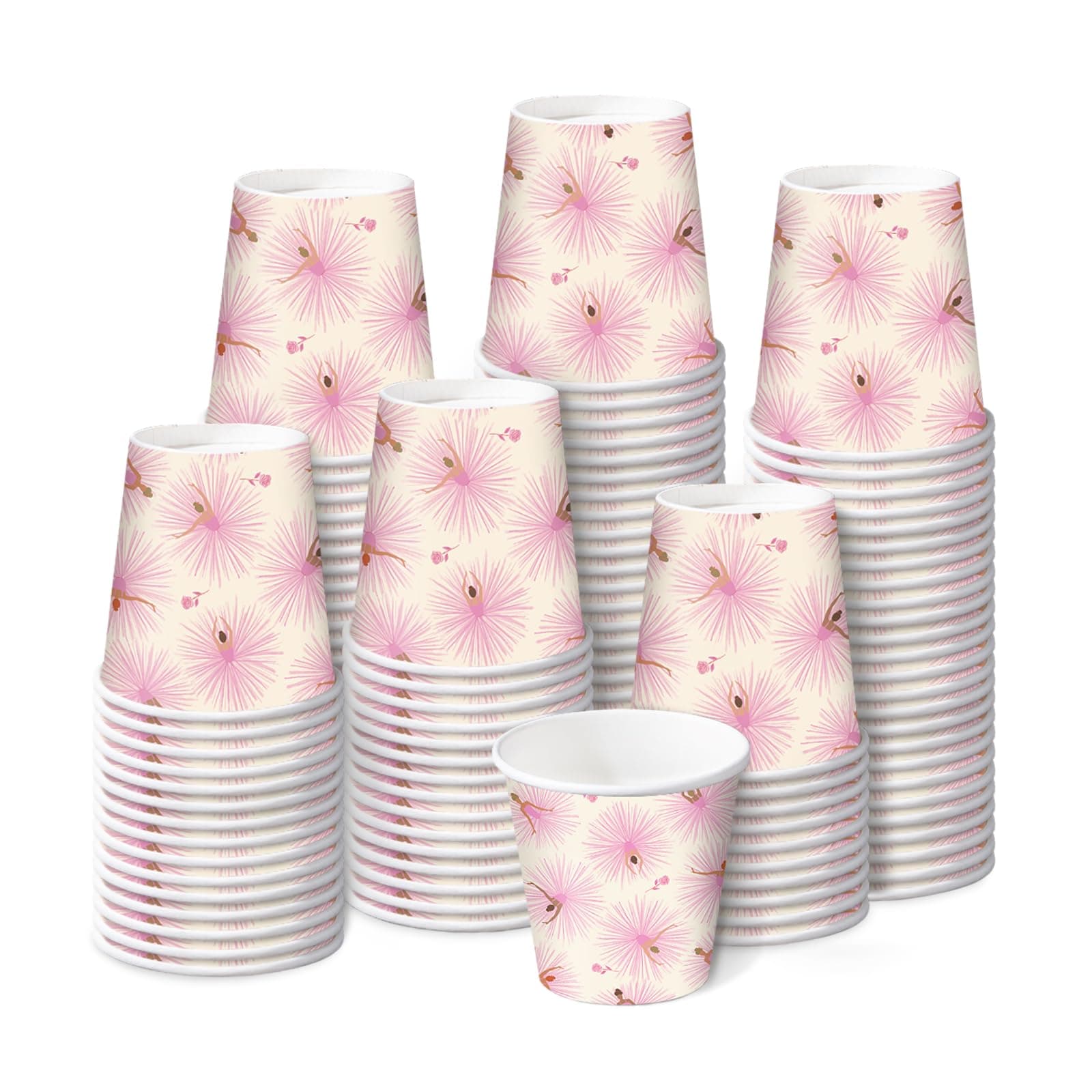 RUSPEPA Pink Ballet Theme 3oz Paper Cups, 100 Pack Small Disposable Party Cups, Elegant Ballerina Dance Design, Mini Cups for Home, Bathroom, Girls Birthday, Ballet Party, Baby Shower & Tea Party