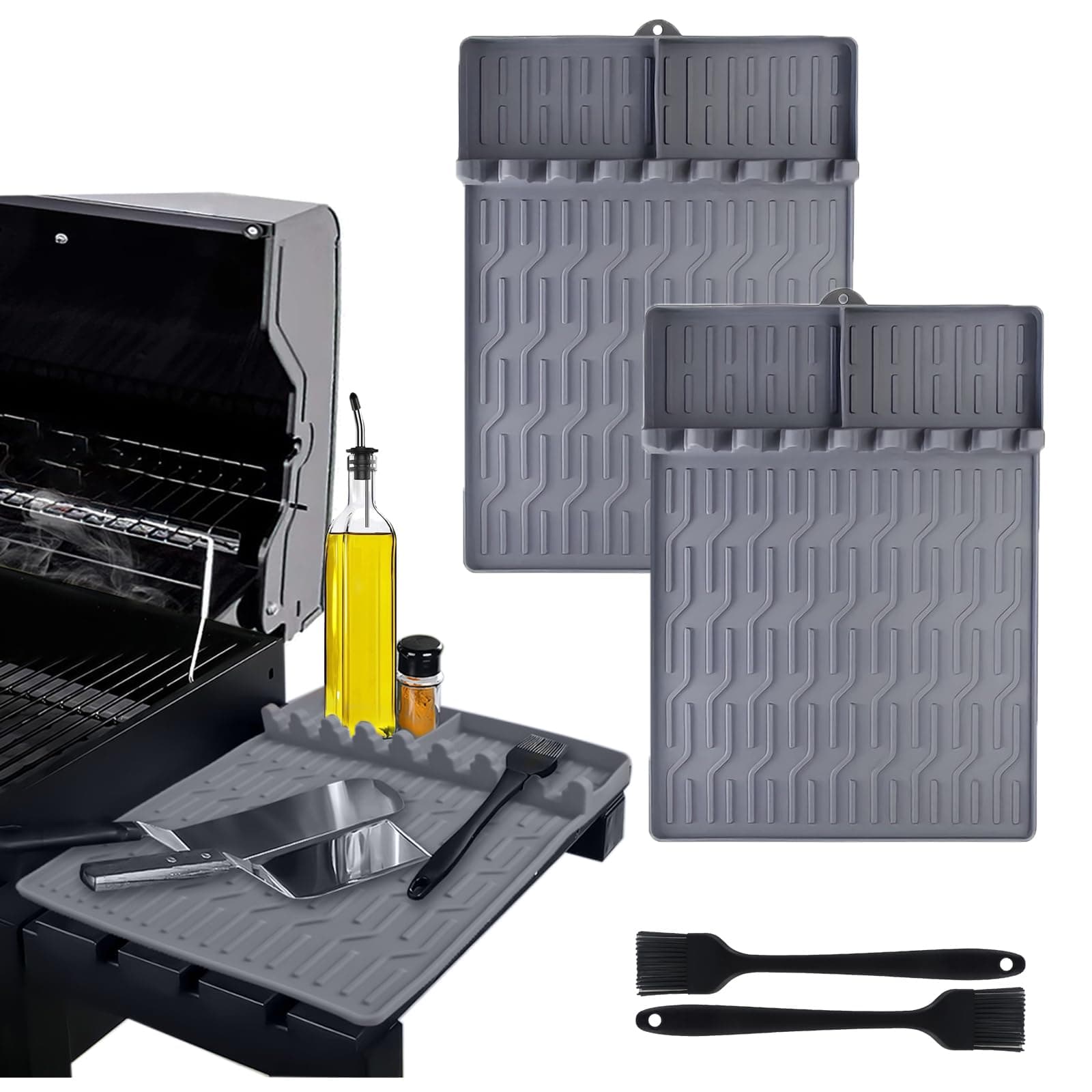 2 Pack Silicone Grill Mats for Blackstone Griddle, Non-Stick Griddle Accessories, Includes 2 BBQ Brushes for Outdoor Grill and Kitchen Use (Grey)