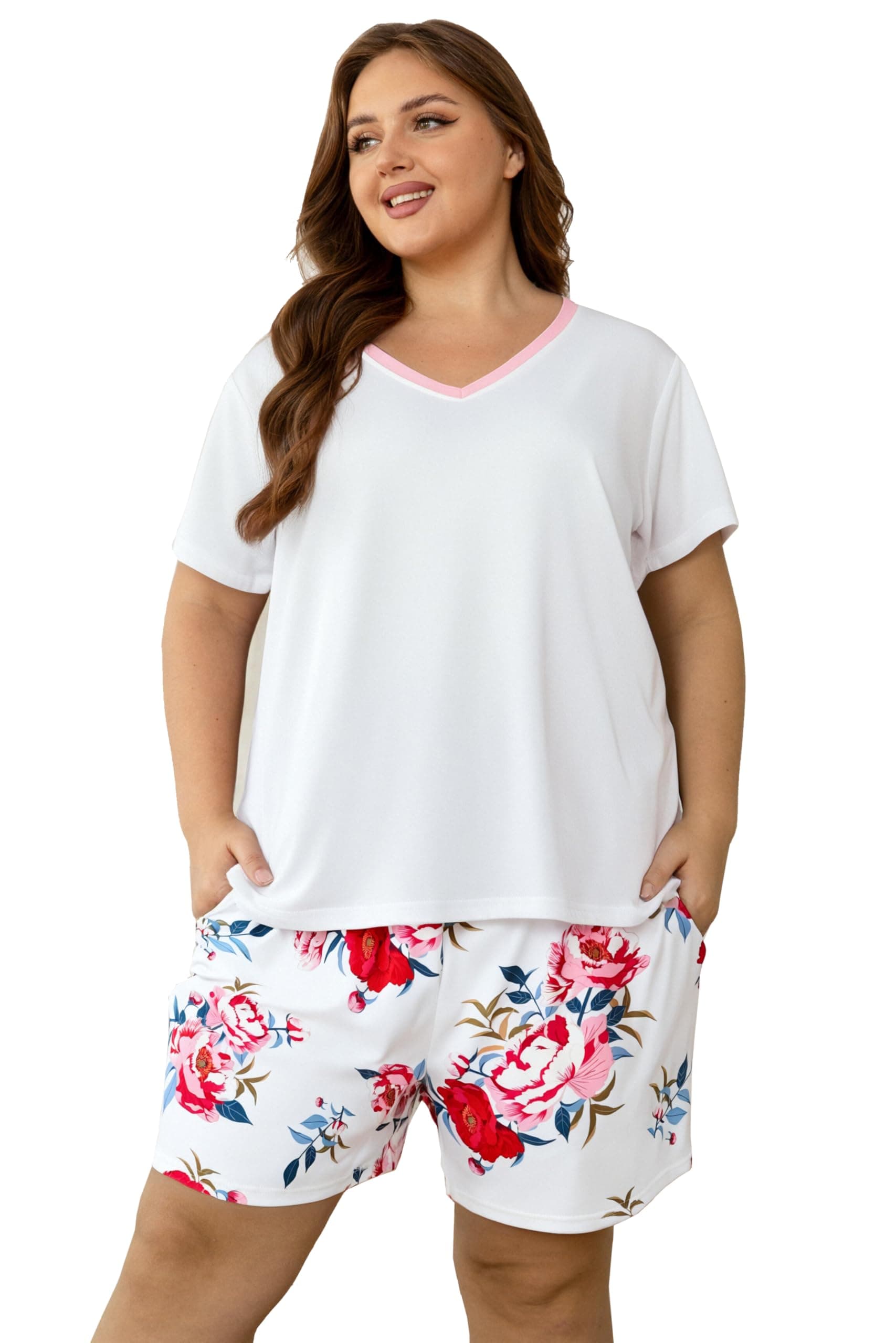 Vozanet Women's Short Sleeve Top and Shorts Pajama Sets Plus Size V Neck Colorful Flower Nighty Loungewear With TWO Pockets, White Red Floral, X-Large