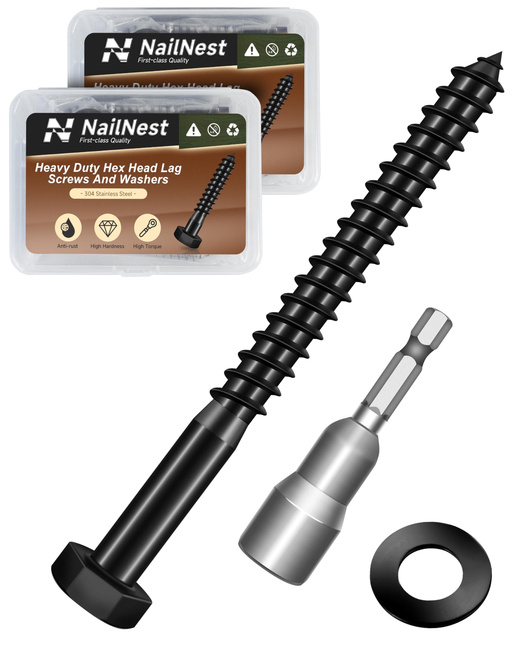 Nailnest (2Box) 3/8" x 4" Hex Head Lag Screws Bolts with Flat Washers, 16Sets Black 304 Stainless Steel 18-8 Heavy Duty 3/8 Lag Bolts for Wood with Hex Socket