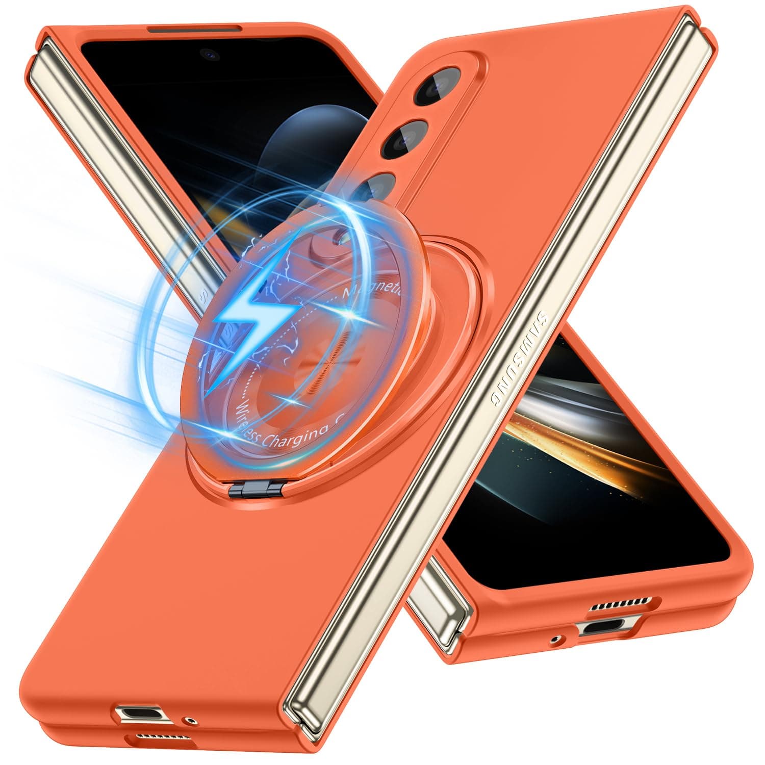 AYSZNBLA Magnetic Case for Samsung Galaxy Z Fold 4 with Rotatable Stand, Matte PC Case for Women Men Girls Boys Drop Protection Shockproof Slim Fit Durable Cover for Galaxy Z Fold 4, Orange 13.2