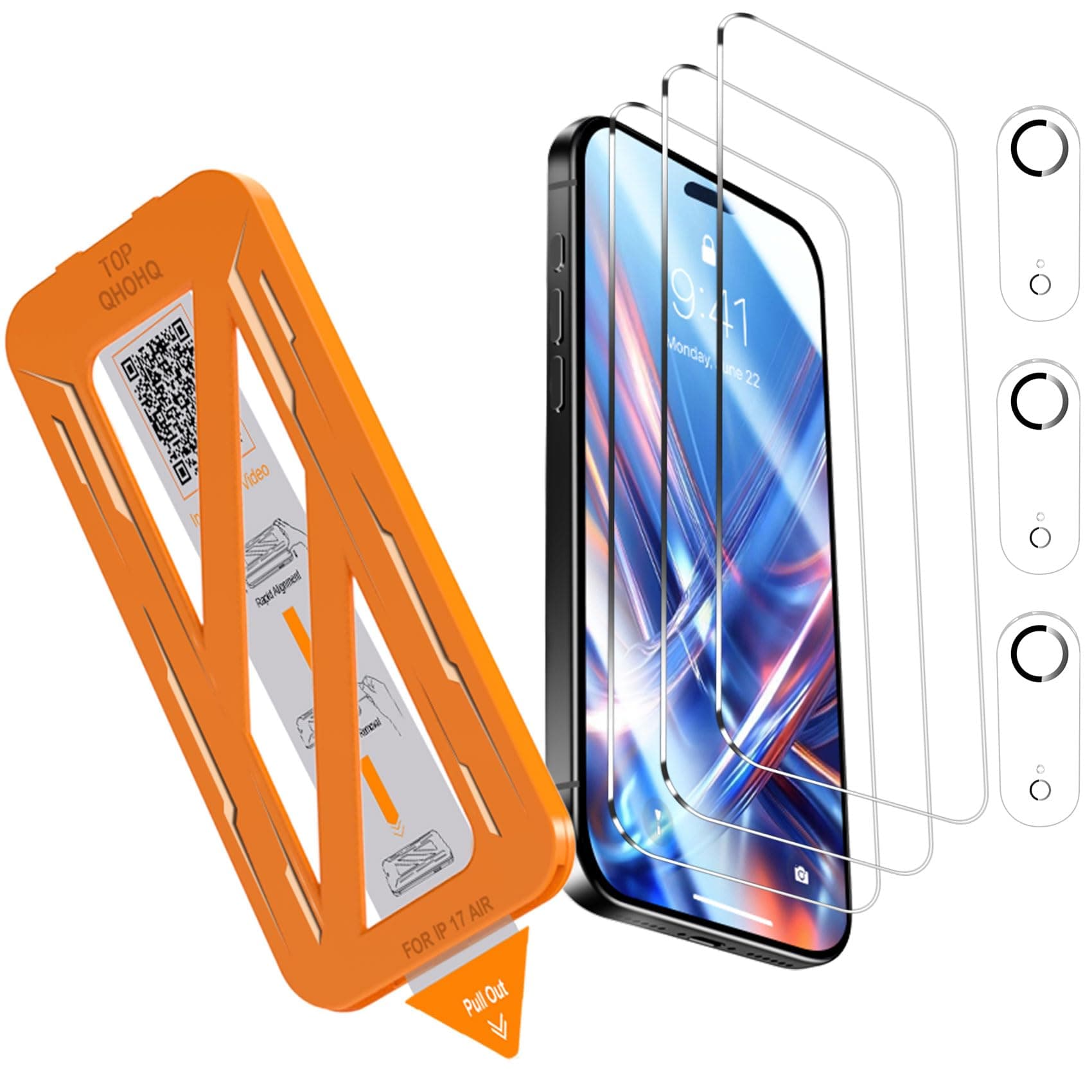 QHOHQ [1-Second Auto-Install] 3 Pack Screen Protector for iPhone Air + 3 Pack Camera Lens Protector, 9H+ Shatterproof Tempered Glass for iPhone 17 Air, [12FT Military Grade Protection], Case Friendly