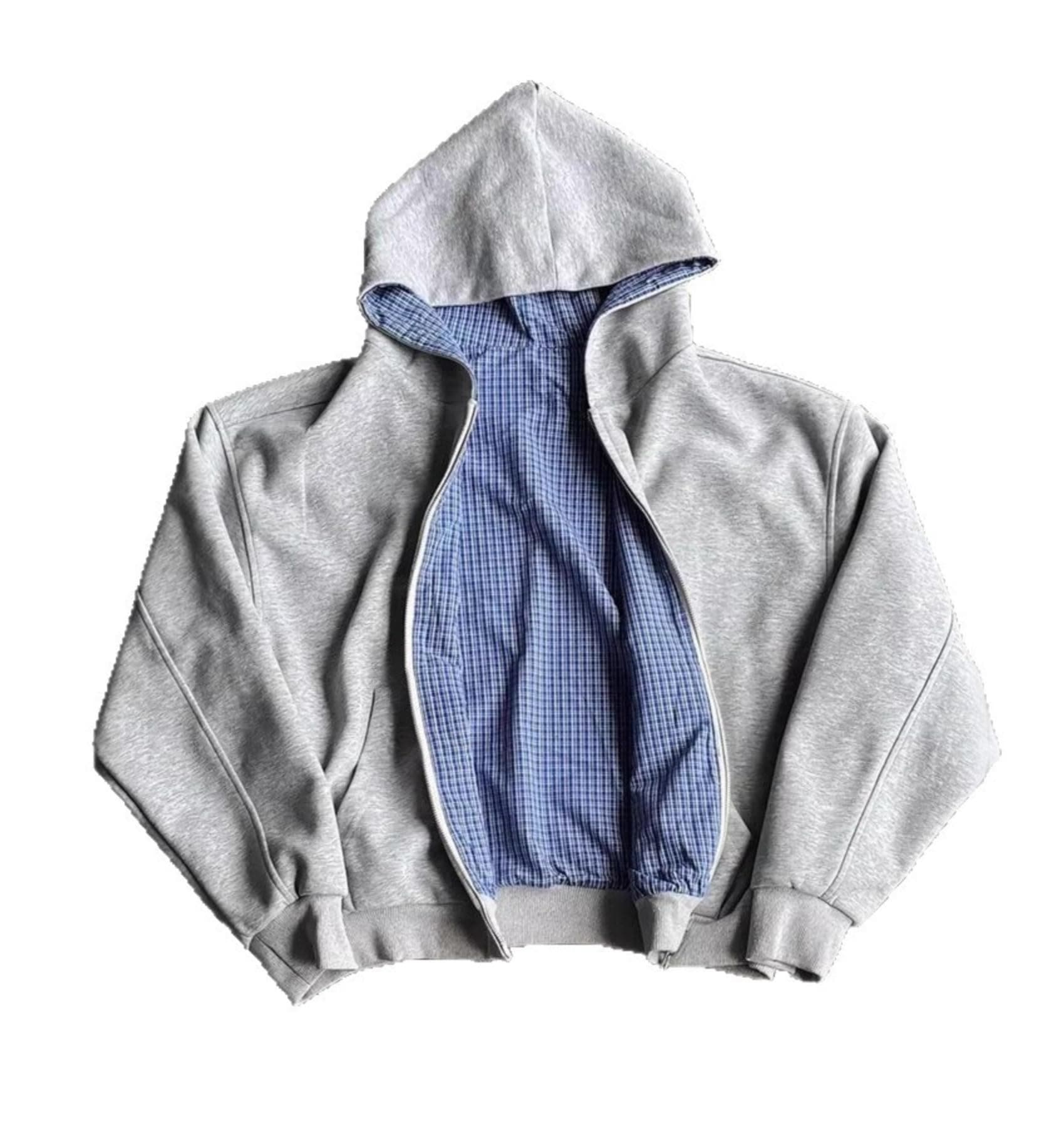 HOHOPEACH Y2k Grunge Plaid Zip Up Hoodie Men Women Reversible Oversized Emo 2000s Graphic Hoodie Fall Baggy Sweatshirts, White Blue, S