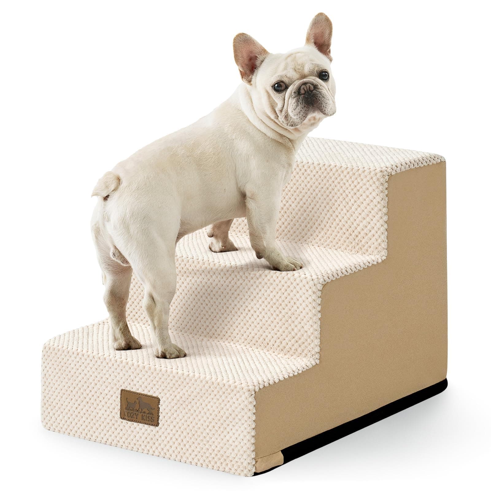 COZY KISS Dog Stairs for Small Dogs, 3 Tier Pet Stairs for Couch, 13.5" H Non-Slip Dog Steps for Old Cats, Puppy, Small Dogs, 15.7x17.7x13.5 inch, Beige