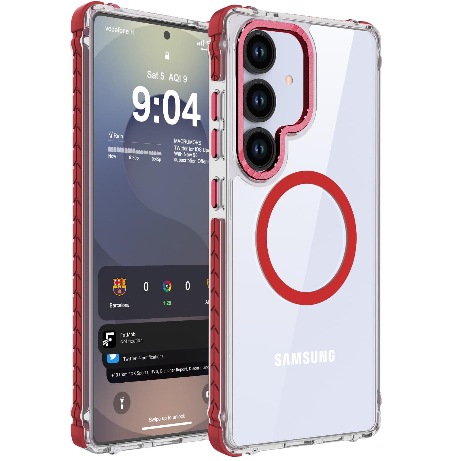 DEERLAMN Strong Magnetic Case for Samsung Galaxy S25+ Plus 6.7-Inch,[Compatible with Magsafe][Military Grade Drop Protection] Clear Slim Shockproof Protective Phone Cover, Transparent+Red