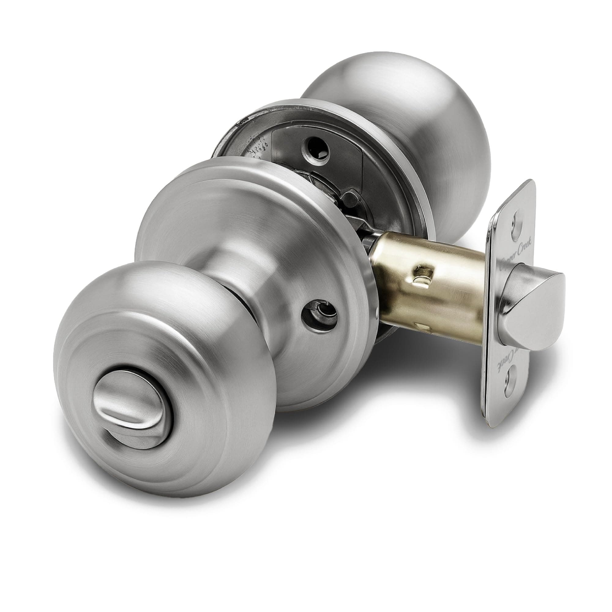 Copper Creek Colonial Privacy Interior Door Knob – ANSI Grade-3 Certified, Modern Heavy Duty Handle, Easy Install and Reversible for Bedroom, Bathroom and Closets – Satin Stainless (1 Pack)