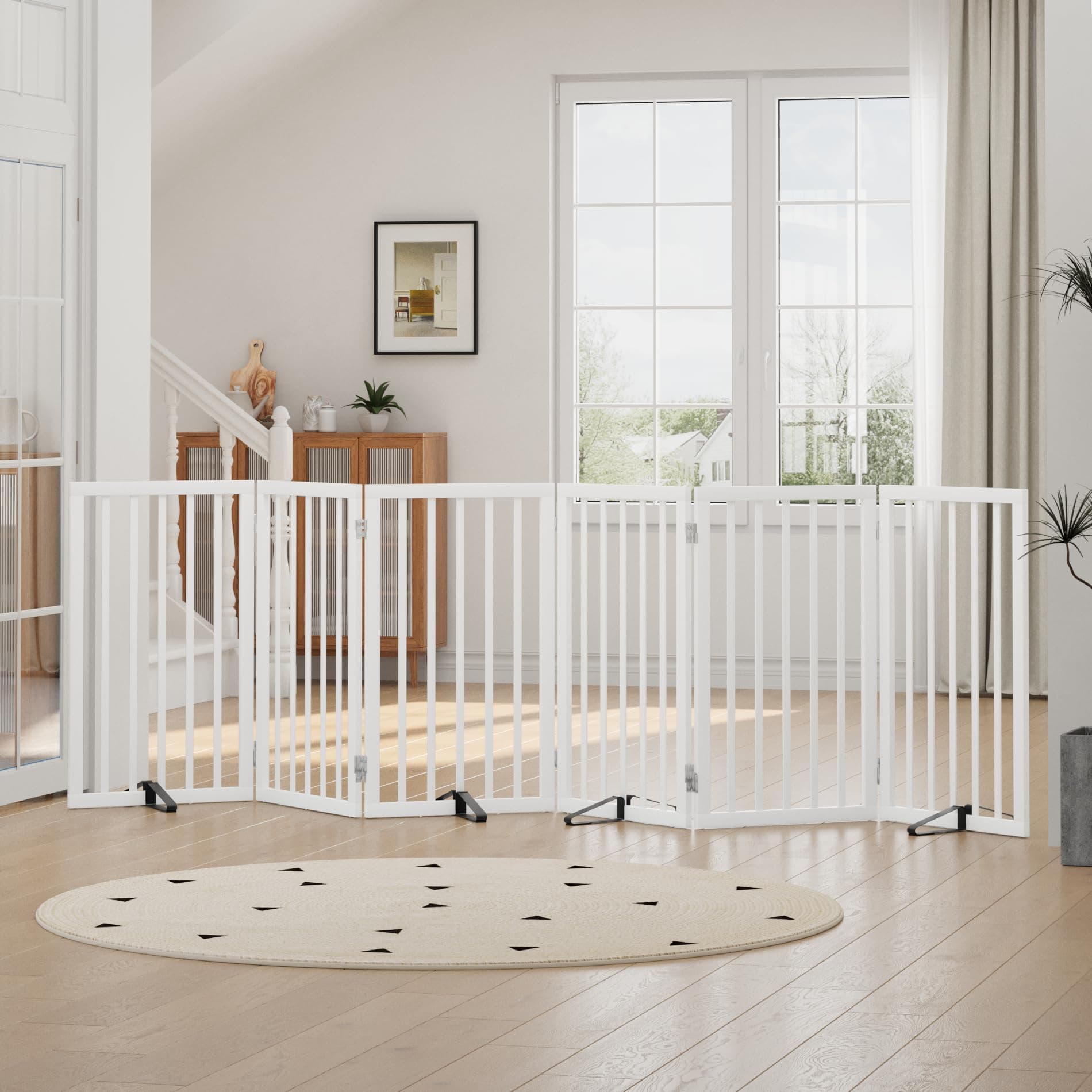 Dog Gate, Freestanding Tall Dog Gates for Doorways, Foldable Dog Gate Indoor, Pet Gates for Doorways Bedroom, Puppy Gate with Metal Support Feet, Room Divider,6 Panels (White)