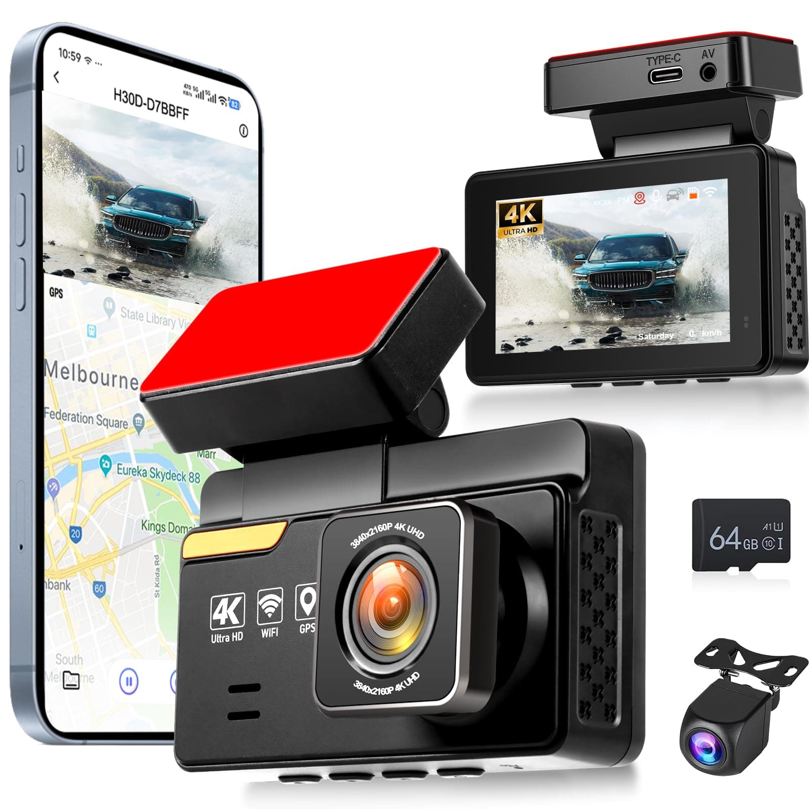 NHOPEEW 4K Dual Dash Camera for Cars with WiFi & APP Control 3 Inch Screen