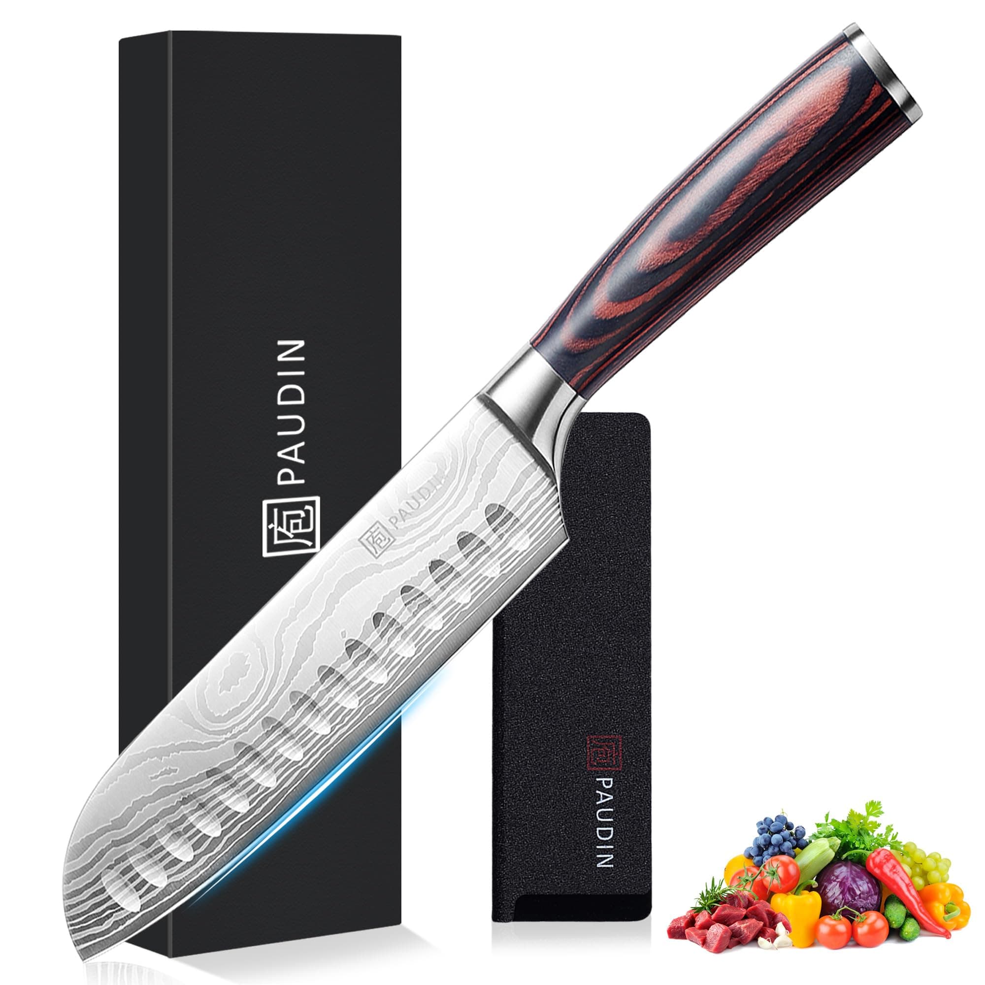 PAUDIN 7" Santoku Knife, Ultra Sharp Japanese Chef Knife with Sheath