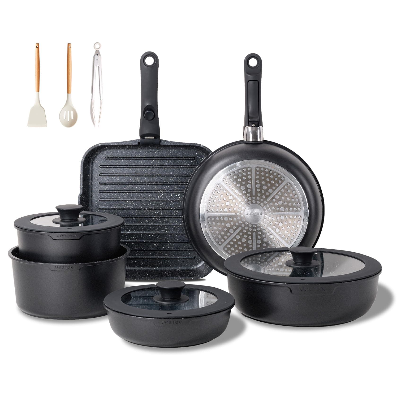 JEETEE 25pcs Pots and Pan Set Non Stick,Detachable Handle Cookware Set,Induction Cooking & RV Camping Stackable Pots Pans，Healthy Kitchen Cookware Set PFAS/PFOA Free Black