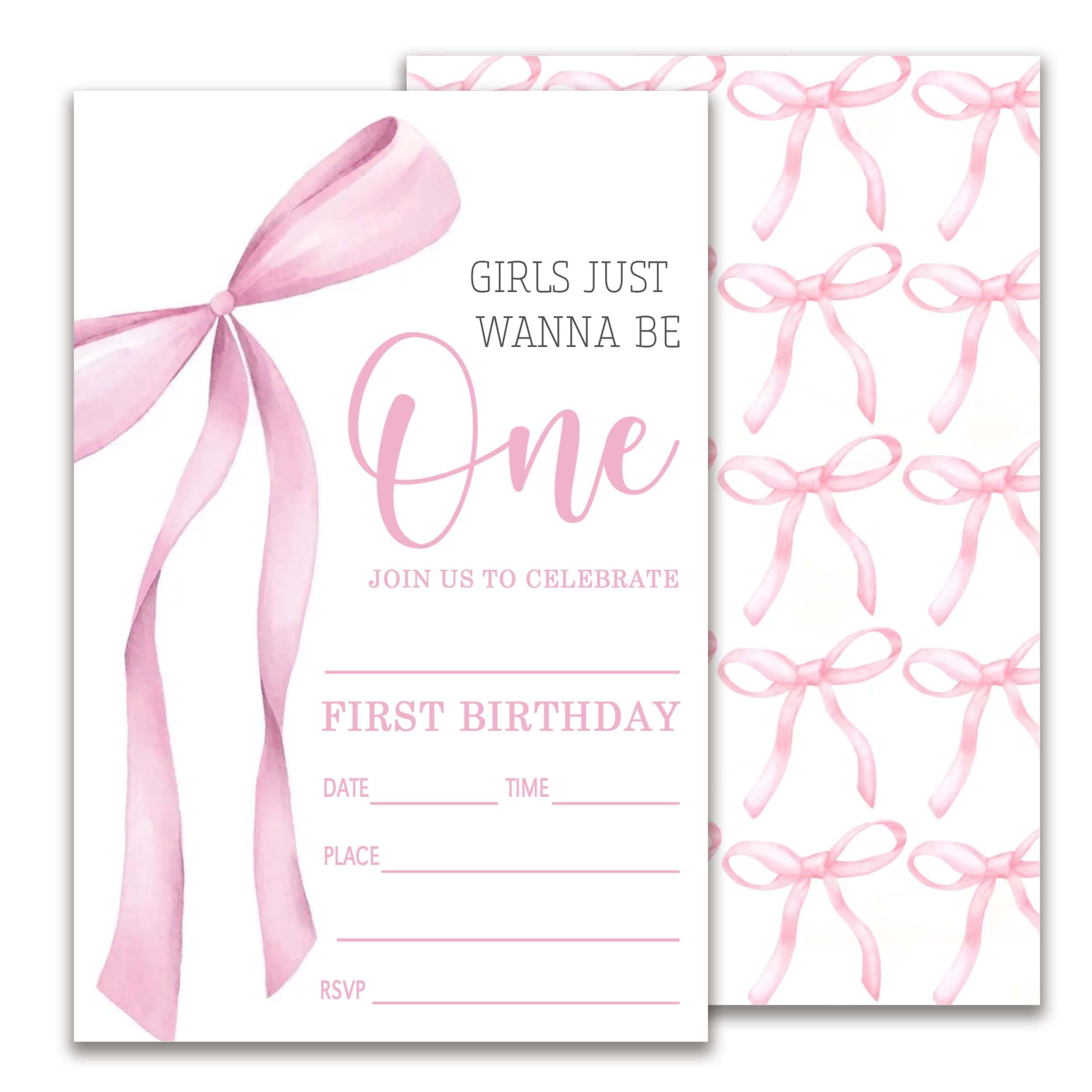 JUPXB Pink Bow Birthday Invitation, Girls Just Wanna Be One, Retro Bday Invitation Cards, 20 Pink Double-Sided Fill In Invite Cards with Envelopes, Birthday Party Decorations 4x6 Inch-B17