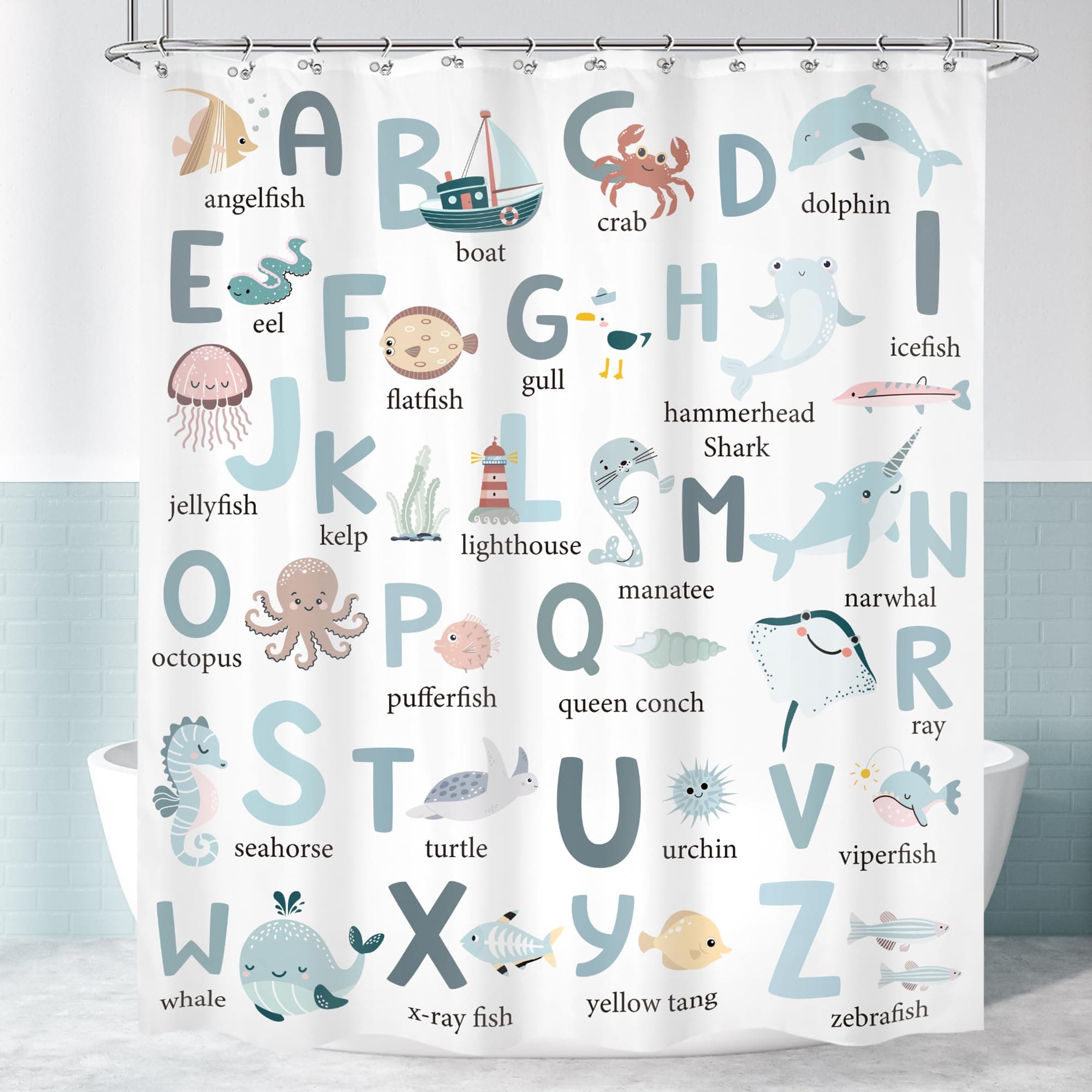 Cinbloo Kids Shower Curtain 60Wx72H Cute Cartoon Alphabet ABC Sea Animal Blue Educational Ocean Bathroom Curtain Set Baby Boys Girls Bath Curtain Cloth Fabric Beach Bathroom Decor with 12 Hooks