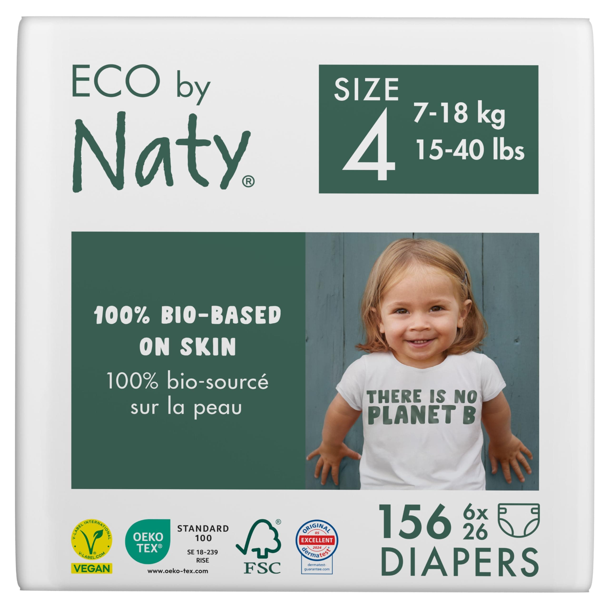 Naty Baby Diapers - 100% Plant-Based Materials on Skin, Extra Soft, for Sensitive Skin & Super Absorbent (Size 4, 156 Count)