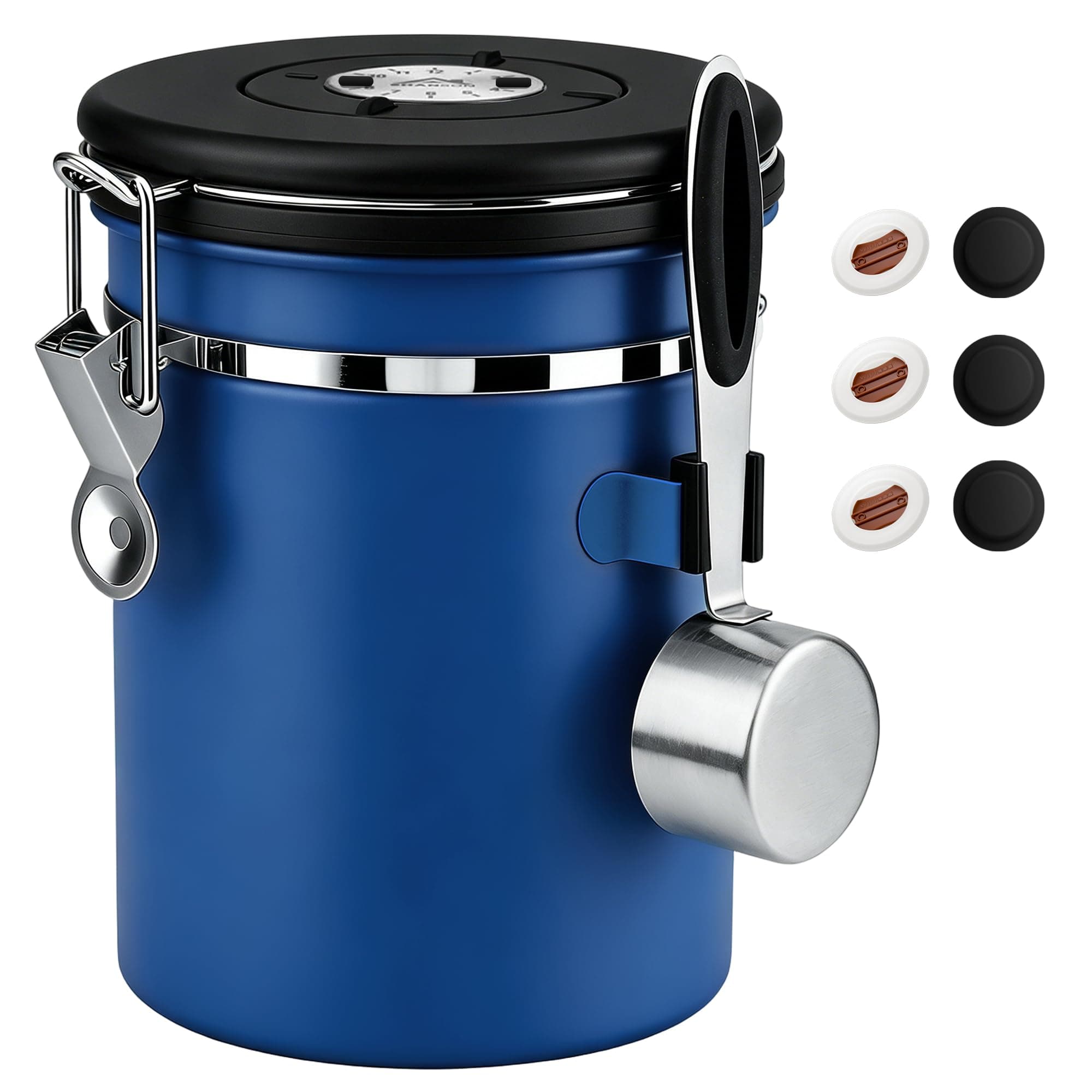 ShanSon Coffee Canister Airtight, Stainless Steel Bean Storage Container with Date Tracker & Scoop, Grounds Sugar Flour Tea Cereal Fits Kitchen Pantry, Ideal Gift for Coffee Lovers,22oz,Blue
