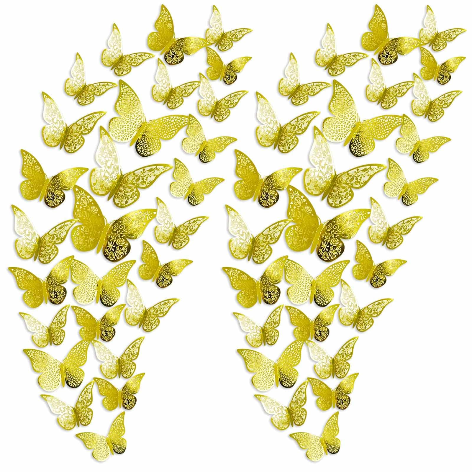 Twpribarn 72Pcs 3D Butterfly Wall Decor 3 Sizes 3 Styles, Removable Butterfly Stickers Wall Decals, Butterfly Decorations Party Birthday Cake Decoration for Kids Nursery Wedding Bedroom Room(Gold)