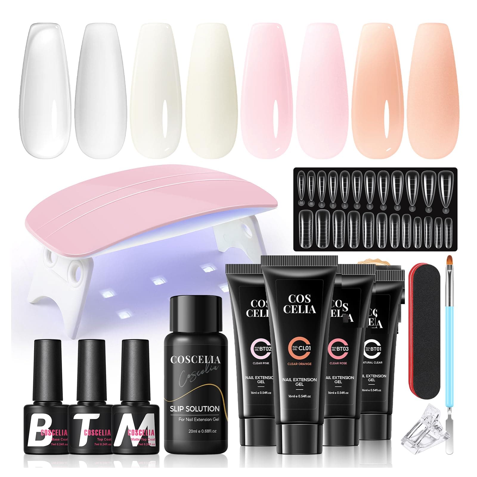 Coscelia Poly Nail Extension Kit 4PC 16ML Poly Nail Gel with U V Lamp Clear Pink White Orange Colors Quick Building Nail Art Nail Extension Gel Kit DIY Gifts for Women