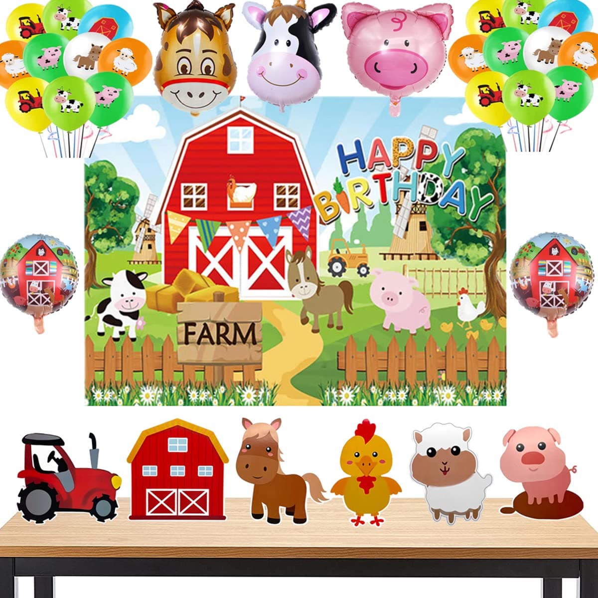 36pcs Farm Theme Party Supplies, Includes Farm Animals Centerpieces Farm Background Cloth & Foil Latex Balloons, Indoor & Outdoor Farm Animals 3D Table Decorations