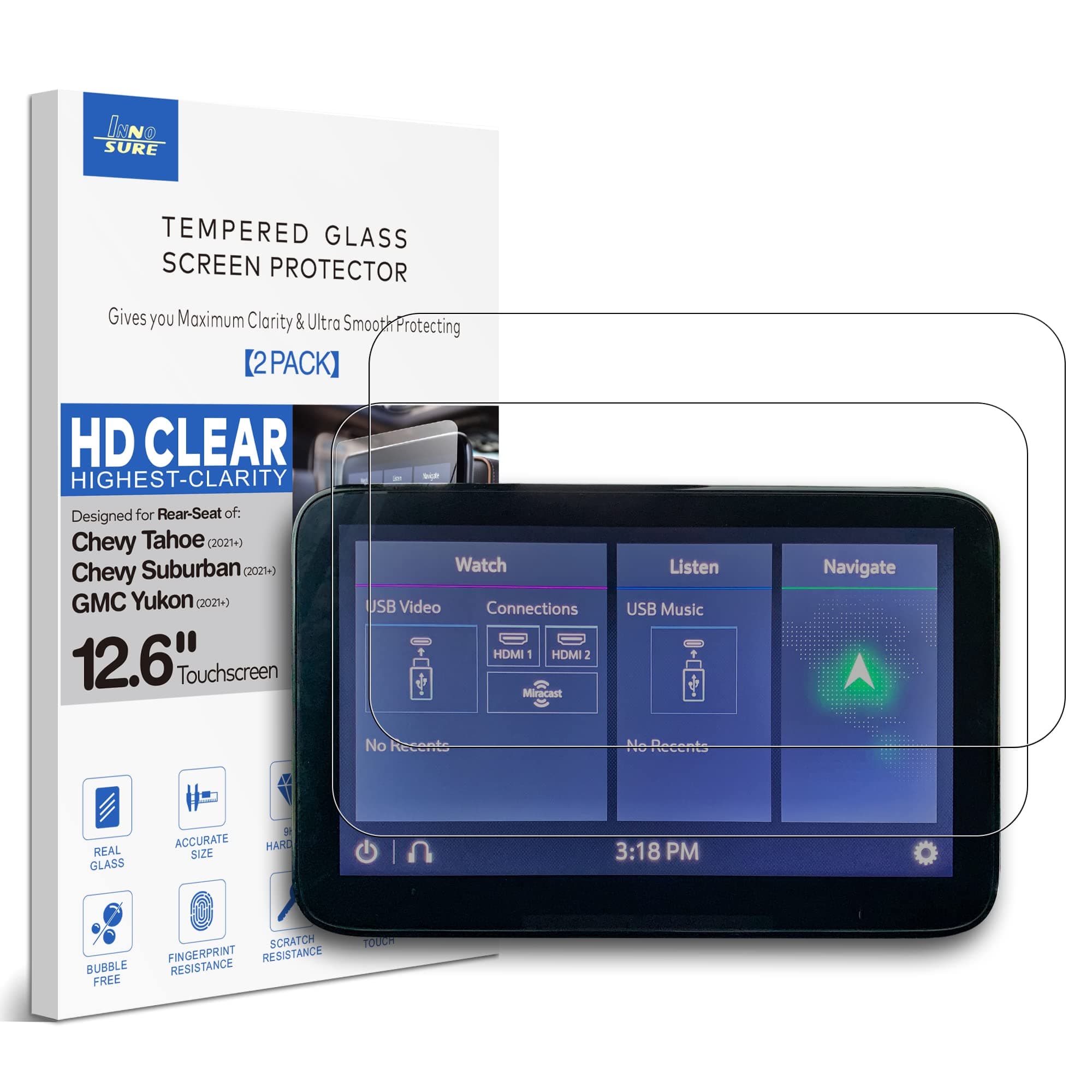 INNOSURE (2 Pack Glass Screen Protector Designed for (2021 2022 2023) Chevrolet Chevy Tahoe/Suburban, GMC Yukon Rear-seat 12.6 Inch Entertainment Media Touch Screen Back Seat Accessories (HD Clear)