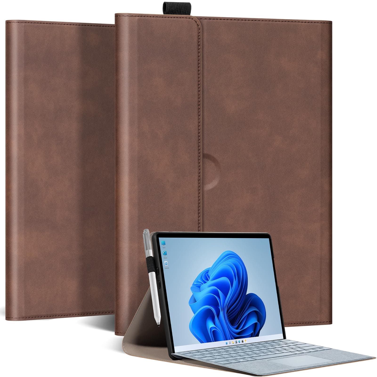 FTSOLSOH for Microsoft Surface Pro 9/10/11 Case 13 inch 2022/2024 Leather Protective Shell Protection Cover Compatible with Type Cover Keyboard and Pencil Holder.Dark Brown