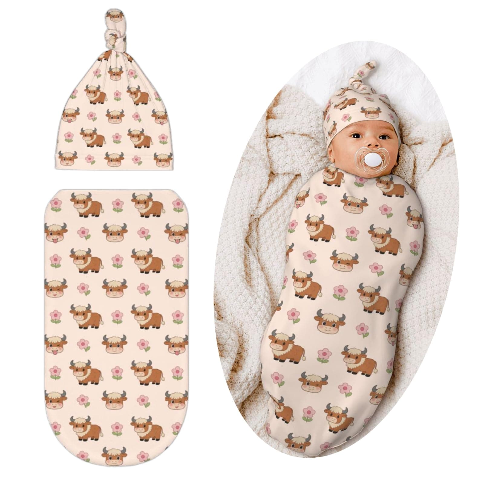 Qwalnely Cow Swaddle Blanket with Hat for Baby, Swaddling Highland Cow Baby Stuff