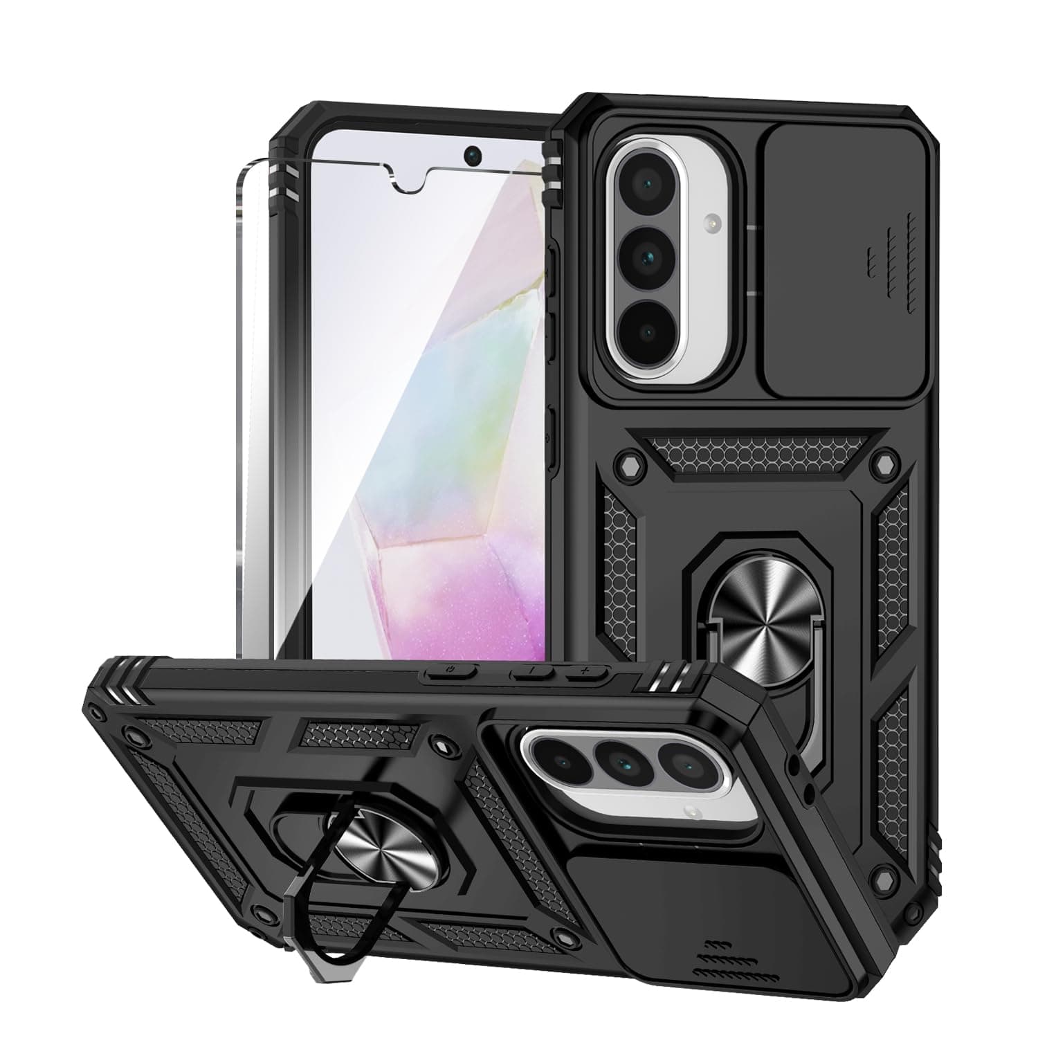 for Galaxy A36 5G Phone Case with Slide Camera Cover HD Screen Protector [Military Grade 16ft. Drop Tested] Magnetic Ring Kickstand Protective Phone Case for Samsung A36 5G (Black)