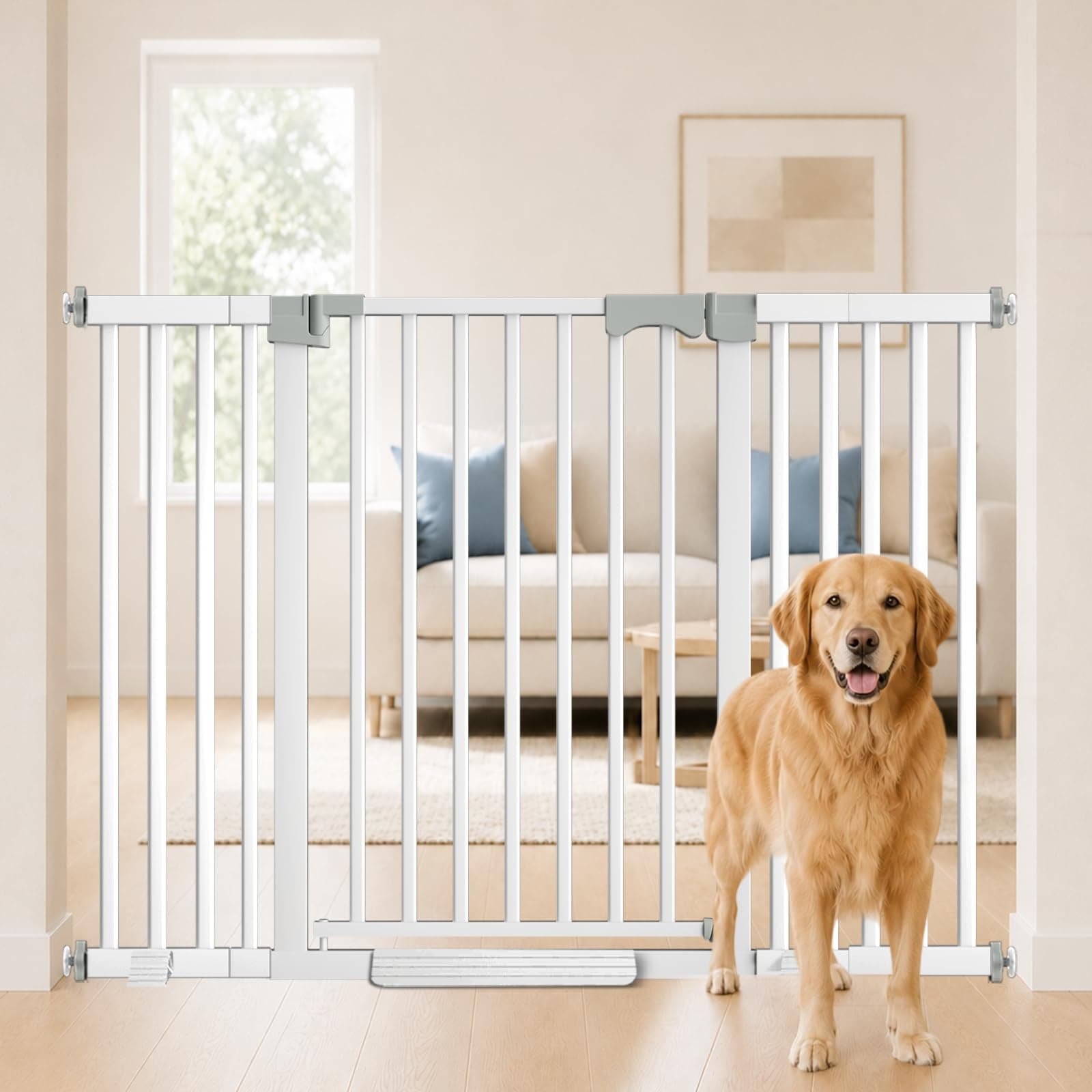 Amibud 105cm Extra Tall Baby Gate for Dog Pets No Jumping Over, 139-160cm Wide Pet Safety Gate Indoor for Doorways No Drilling,Auto Close Heavy Duty Puppy Gates for Stairs Pressure Mounted (White)